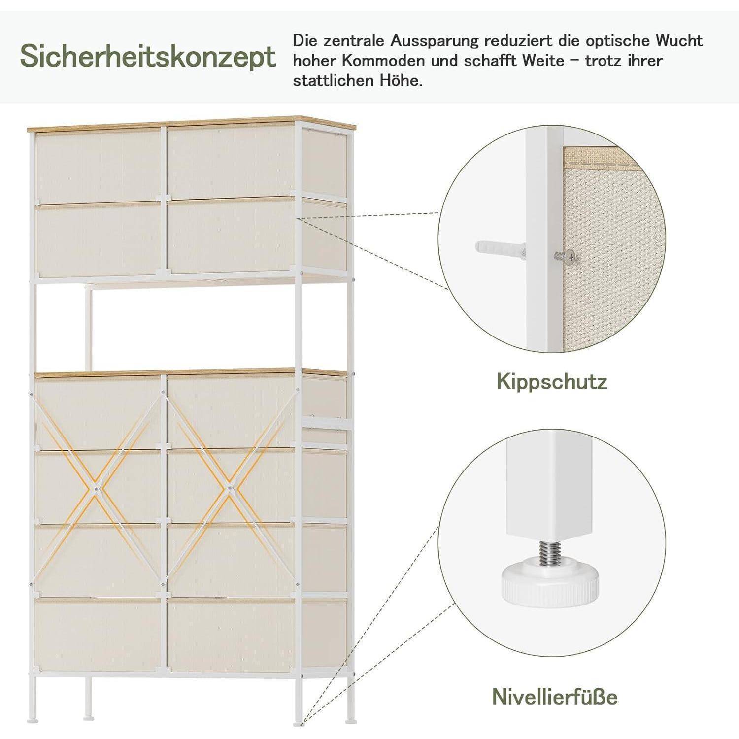 Kommode mit 12 Schubladen aus Stoff, Aufbewahrungsschrank, Schubladenschrank, Schrank, Offenes Mittelteil, Metallgestell, Hochkommode für