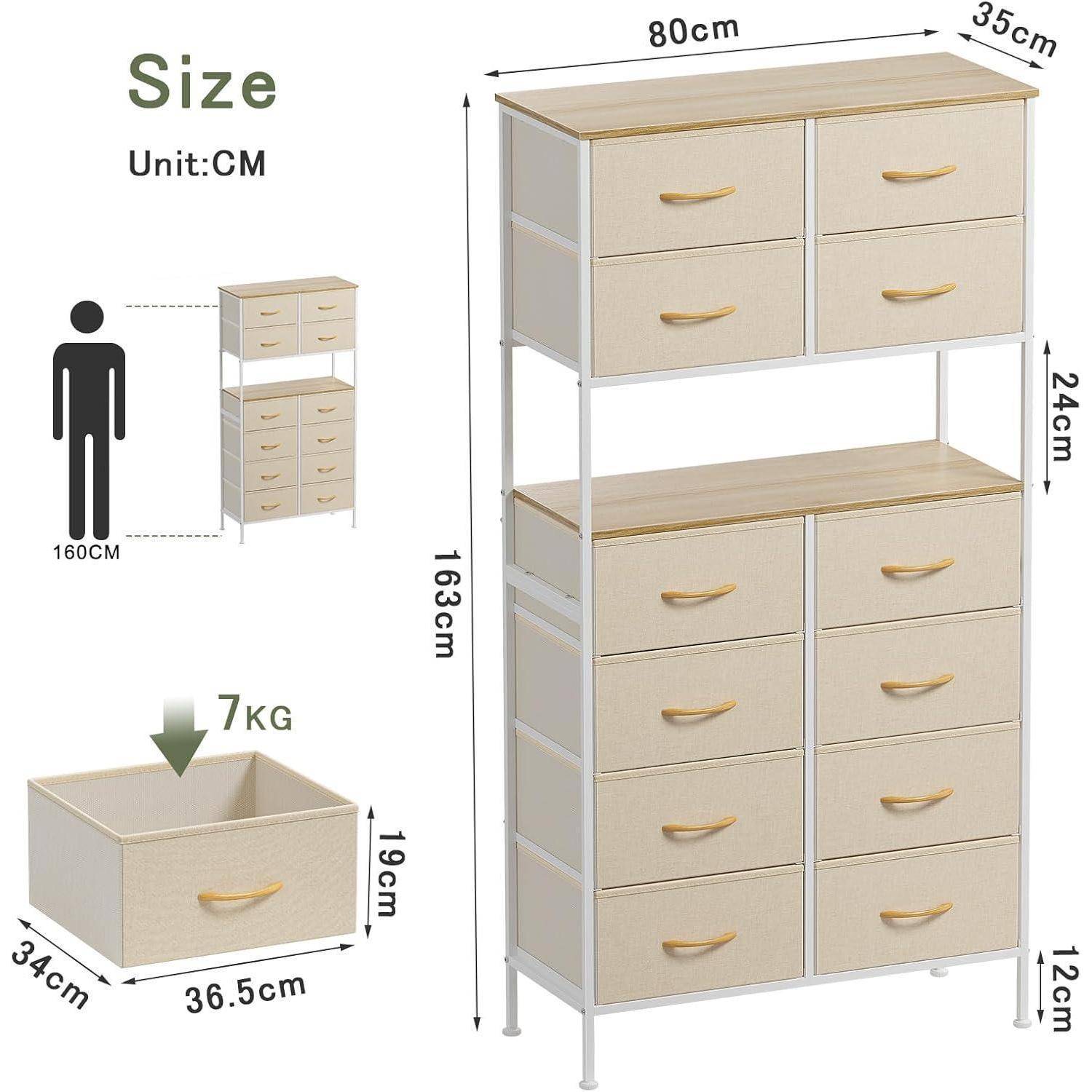 Größendiagramm eines Lagerschranks: 80 cm breit, 35 cm tief, 163 cm hoch, mit oberen und unteren Schubladenbereichen, 24 cm Obersektiohöhe, 12 cm Füße, und eine 7 kg Schubladenbox mit den Maßen 36,5 x 34 x 19 cm.