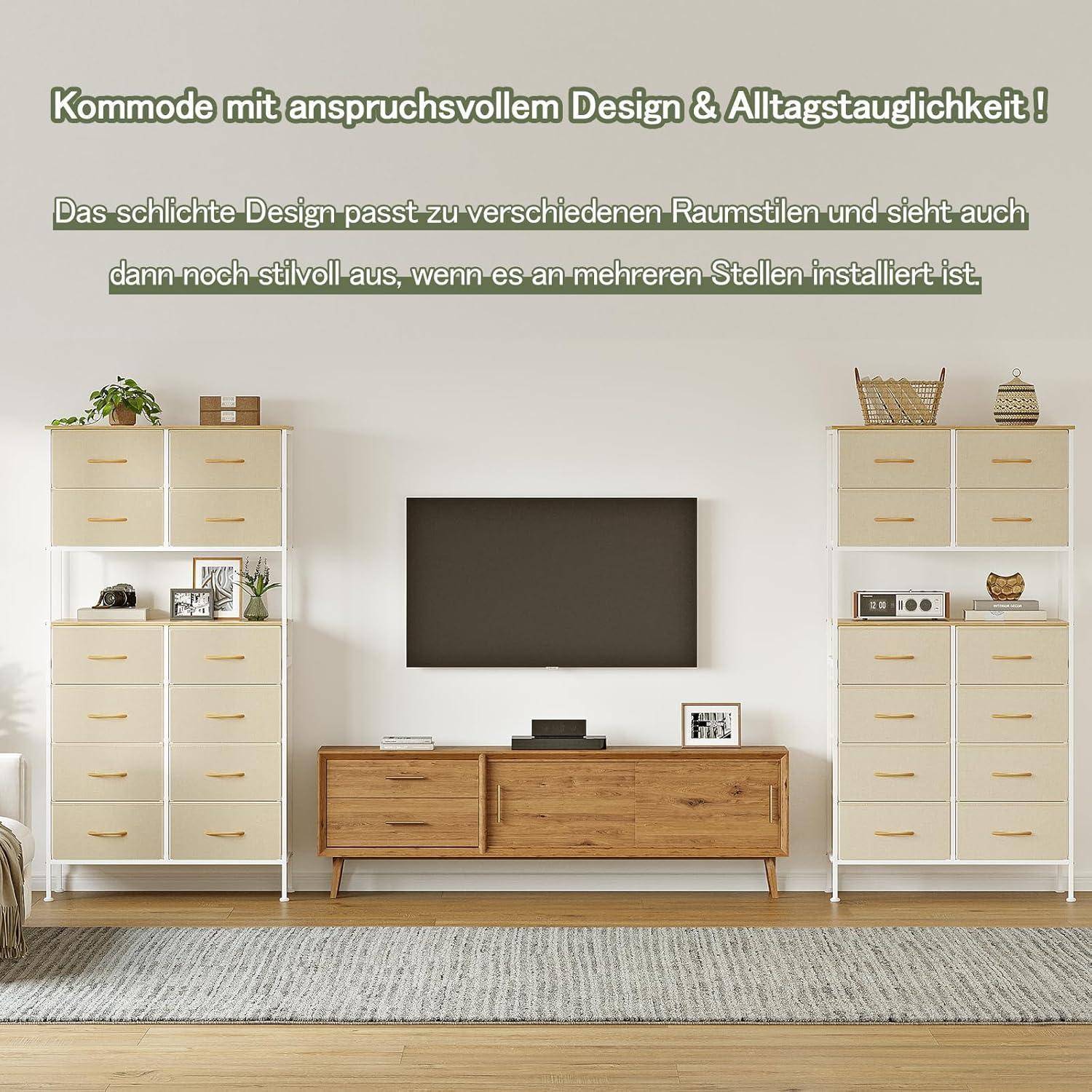 Minimalistisches Wohnzimmer mit passenden cremefarbenen Schrankmöbeln neben einer hölzernen TV-Konsole und an der Wand montiertem Fernseher; deutscher Text bewirbt vielseitiges, stilvolles Schrankdesign.