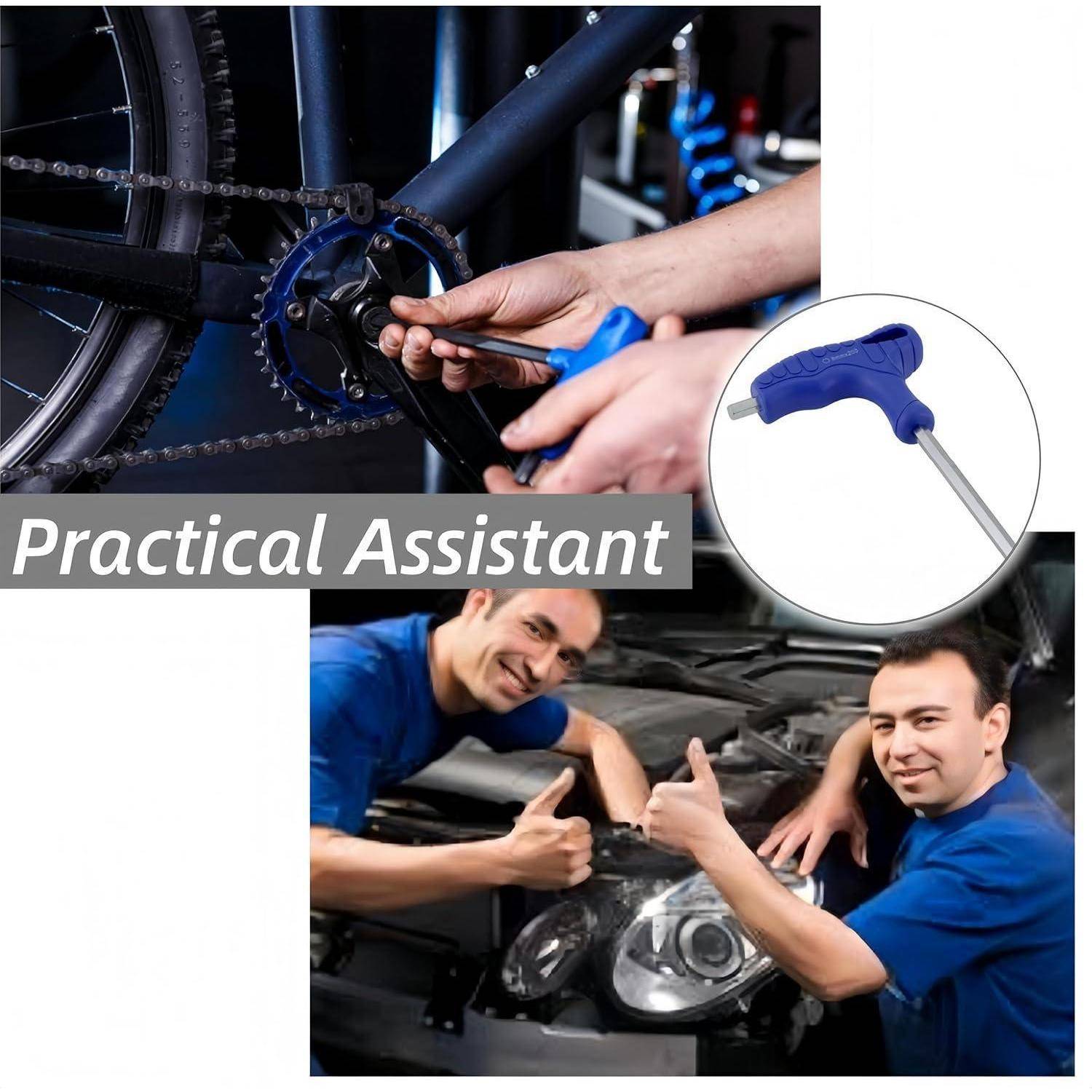 Werbebild, das einen Mechaniker zeigt, der einen blauen praktischen Assistentenschlüssel an einer Fahrradkette verwendet, mit einer Vergrößerung des Werkzeugs und zwei Mechanikern, die neben einem Automotor Daumen nach oben geben.