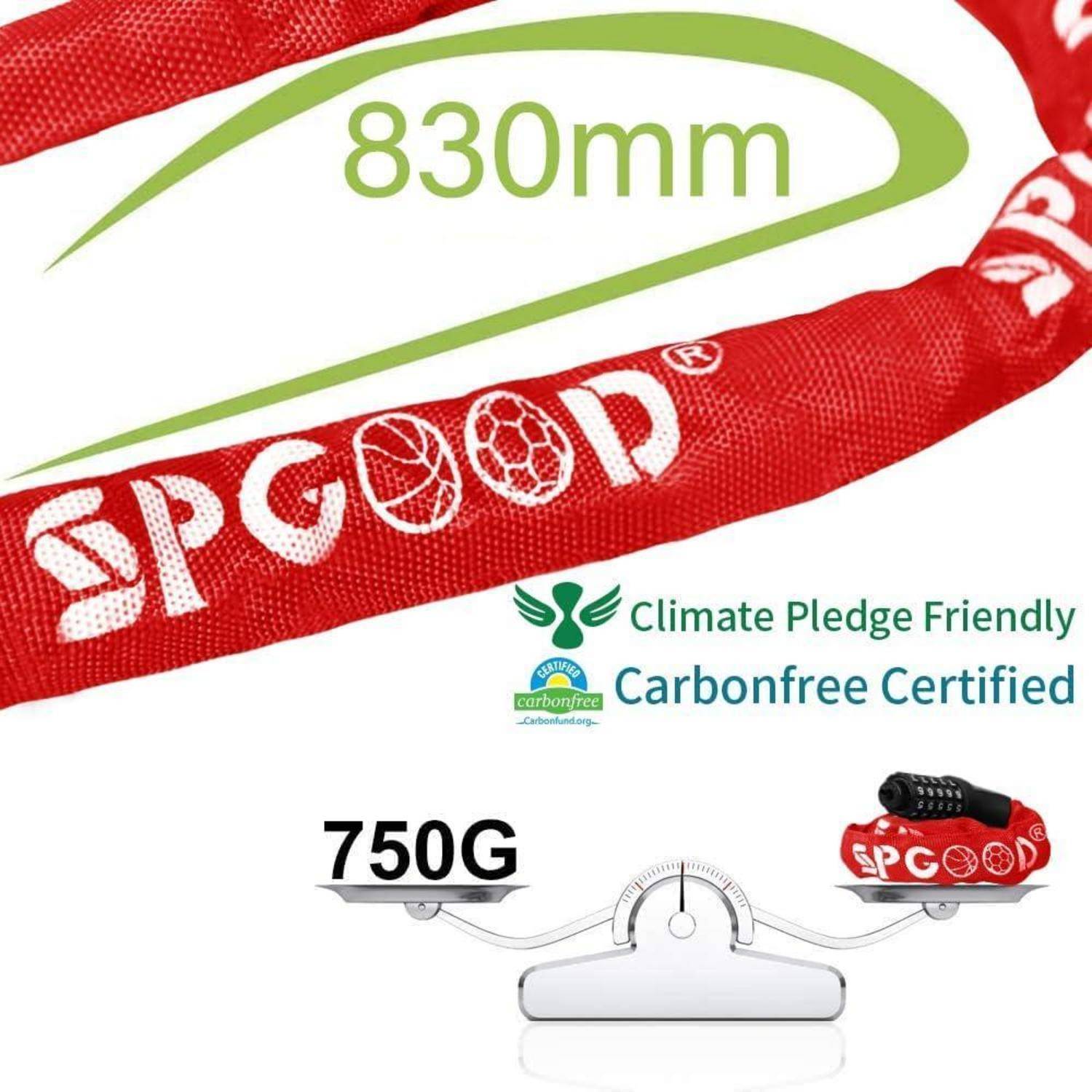 Rotes SPGOOP Zugseil für Hunde, 830 mm lang, gezeigt mit 750 g Gewicht und kohlenstofffreier, klimafreundlicher Zertifizierung.