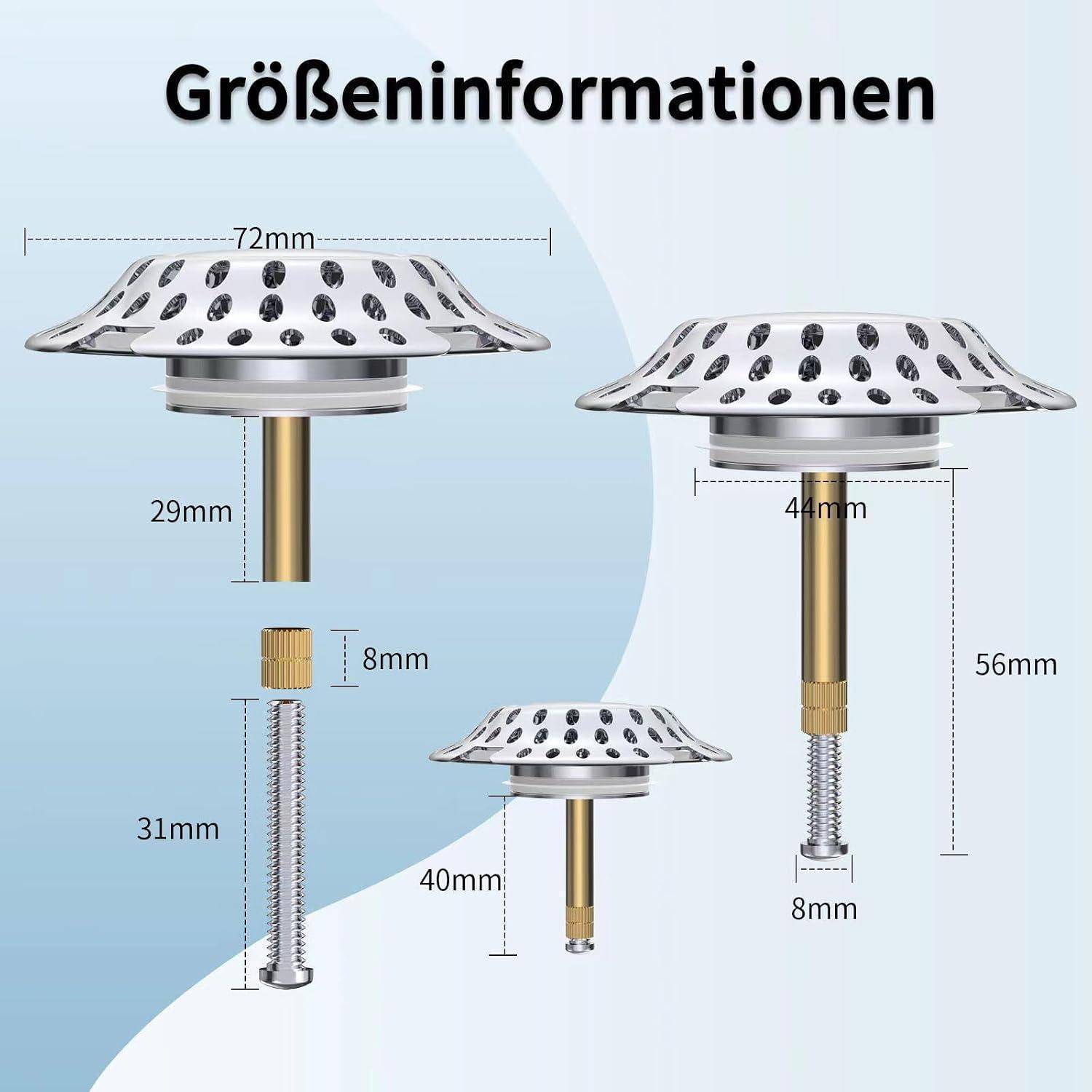 Produktgrößeninformationsgrafik mit vier Metallablaufabdeckungen mit Abmessungen: 72 mm breit, 29 mm Schaft, 44 mm breit, 56 mm hoch, 40 mm hoch und 8 mm Gewindepart.