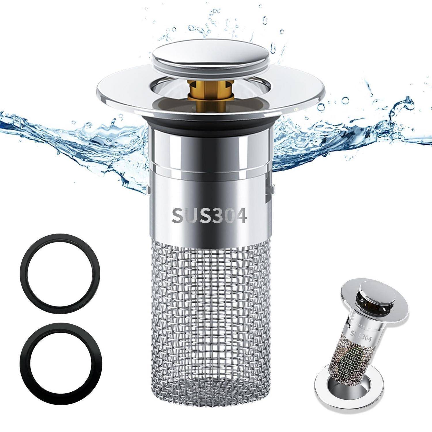 Edelstahlspülbeckensieb mit Maschenkorb und zwei schwarzen Gummiringen, dargestellt mit spritzendem Wasser und einer kleinen Detailansicht.