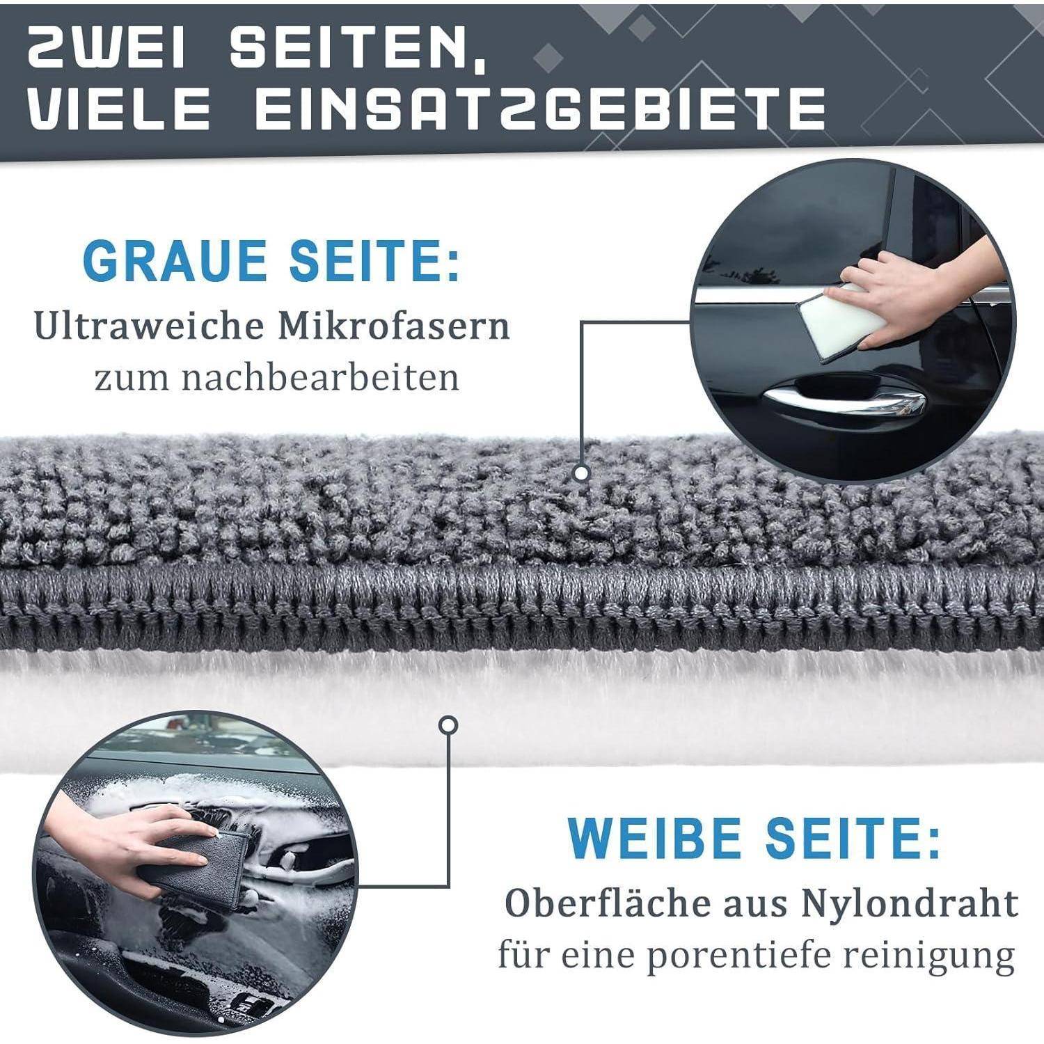 Infografik eines doppelseitigen Mikrofasertuchs: graue Seite zum Polieren, weiße Seite mit Nylonfaden zum Reinigen von Autoflächen.