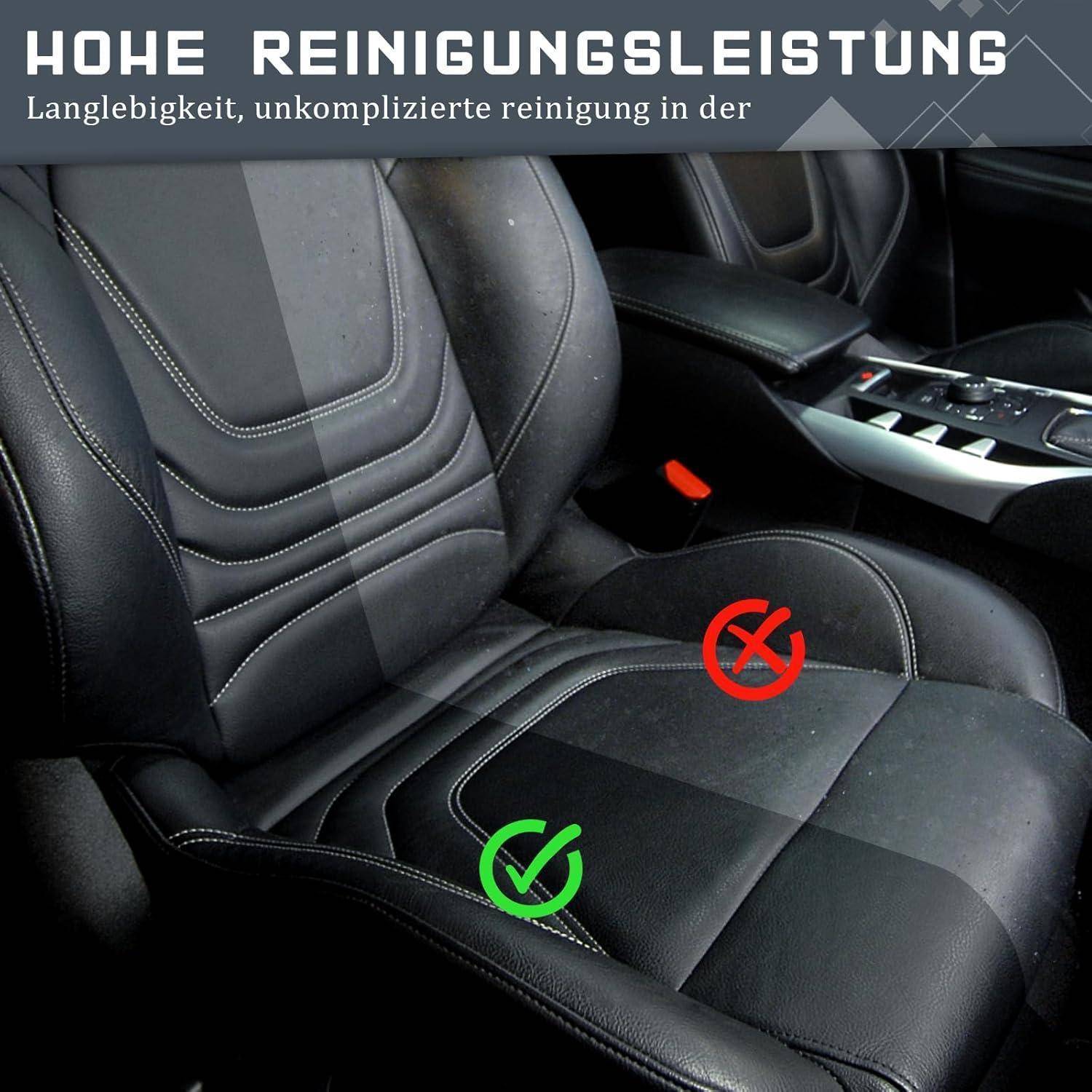 Autositzbezug mit grünem Karomuster und rotem X, der eine langlebige, leicht zu reinigende Leder- oder Lederoptik zeigt; der deutsche Text lautet „HOHE REINIGUNGSLEISTUNG" und „Langlebigkeit, unkomplizierte Reinigung in der"