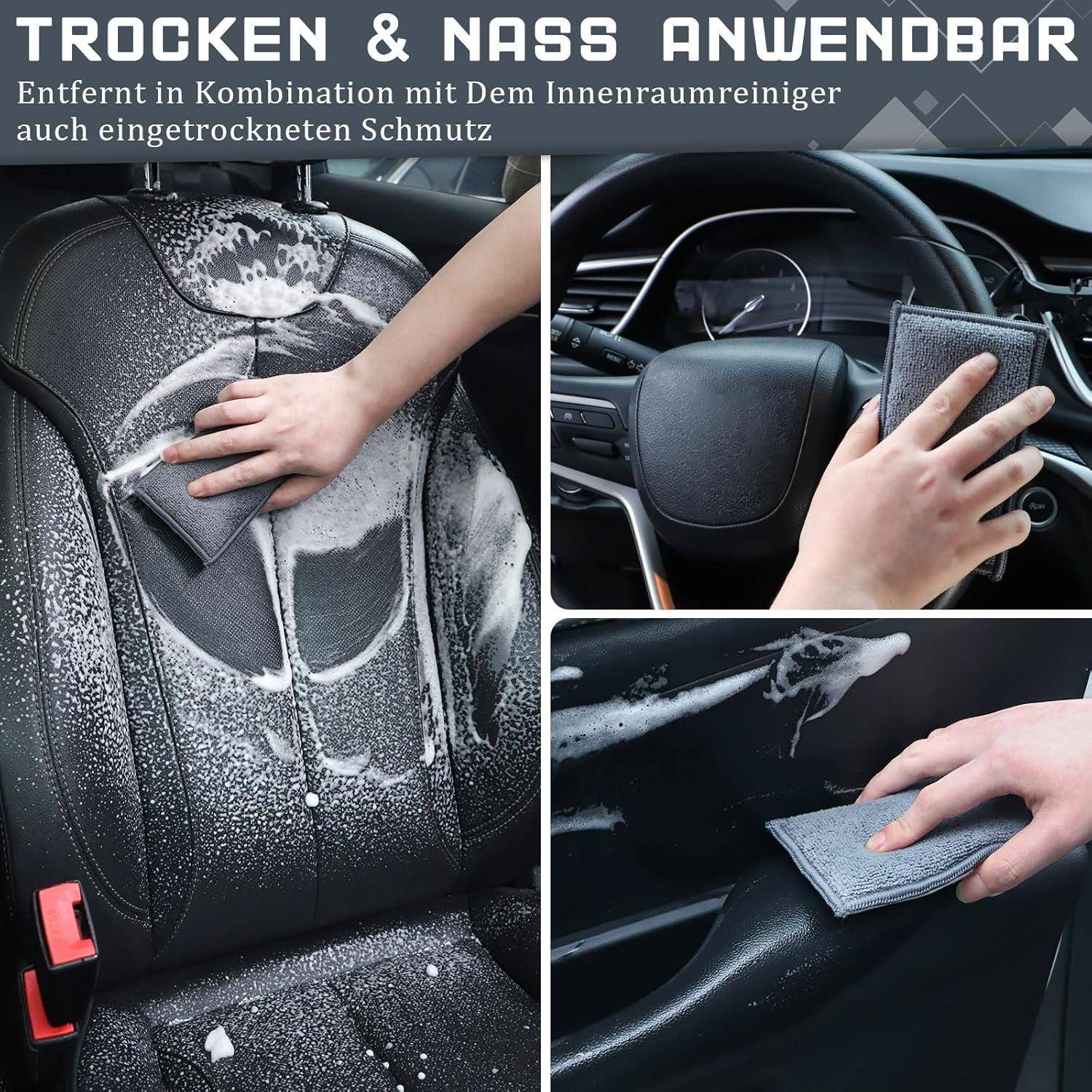 Collage mit einer Hand, die einen Autositz und das Armaturenbrett mit einem Tuch und Schaum reinigt; Text sagt „TROCKEN & NASS ANWENDBAR" und „Entfernt in Kombination mit dem Innenraumreiniger auch eingetrockneten Schmutz"".