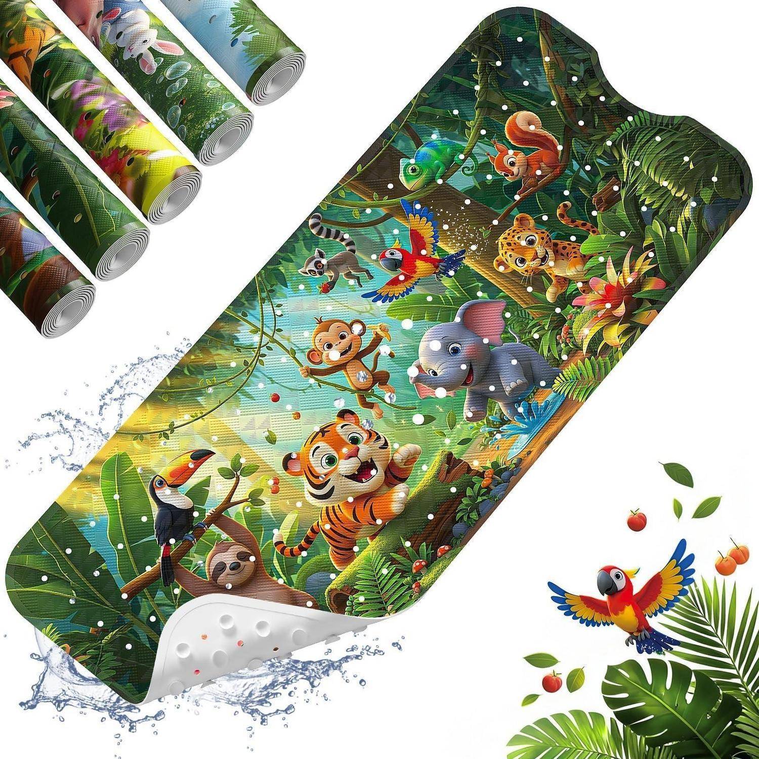 Eine bunte, dschungelthematische Yogamatte mit Cartoon-Tieren wie einem Tiger, Elefanten, Affen, Papagei und Tukan, dargestellt mit gerollten Matten in verschiedenen Mustern.