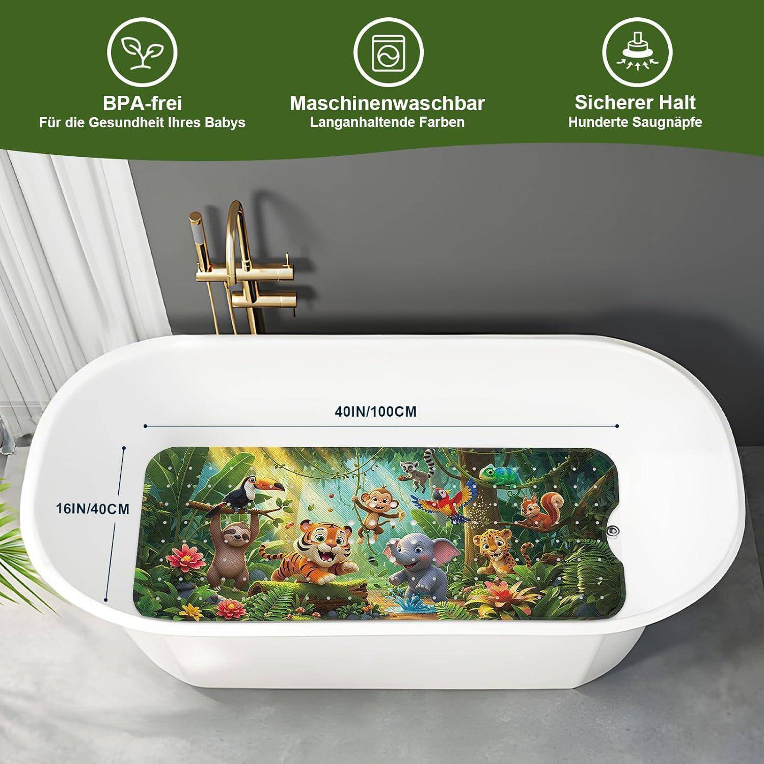 Weiße Baby-Badewanne mit farbenfrohem Dschungel-Tier-Einsatz, Abmessungen 40 x 16 Zoll, mit deutschen Symbolen, die BPA-frei, maschinenwaschbar und sichere Griffigkeit hervorheben.