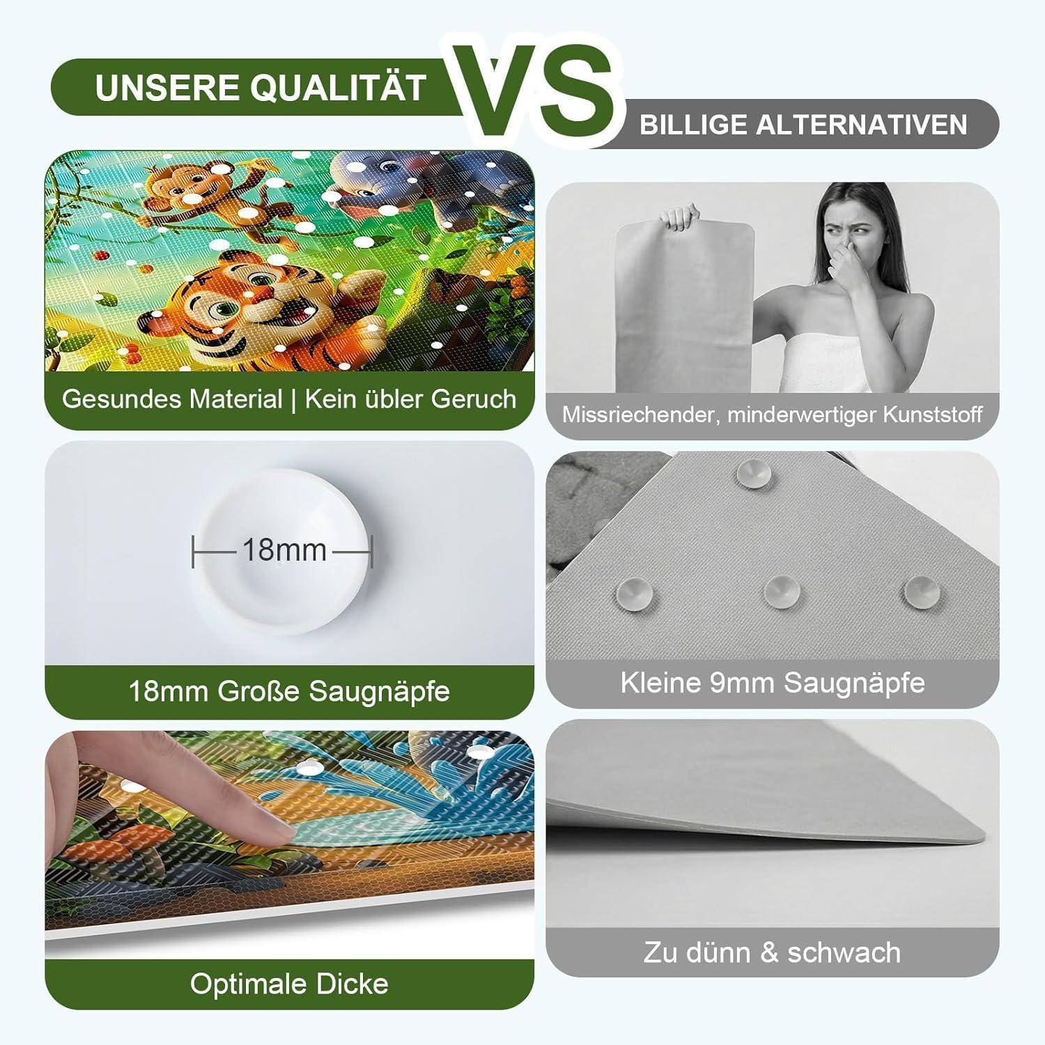 Vergleichsgrafik mit überlegener Qualität gegenüber günstigen Alternativen: ungiftiges, geruchloses Material, 18-mm-Saugnäpfe und optimale Dicke im Gegensatz zu kleinen 9-mm-Näpfen und dünnem, schwachem Kunststoff.