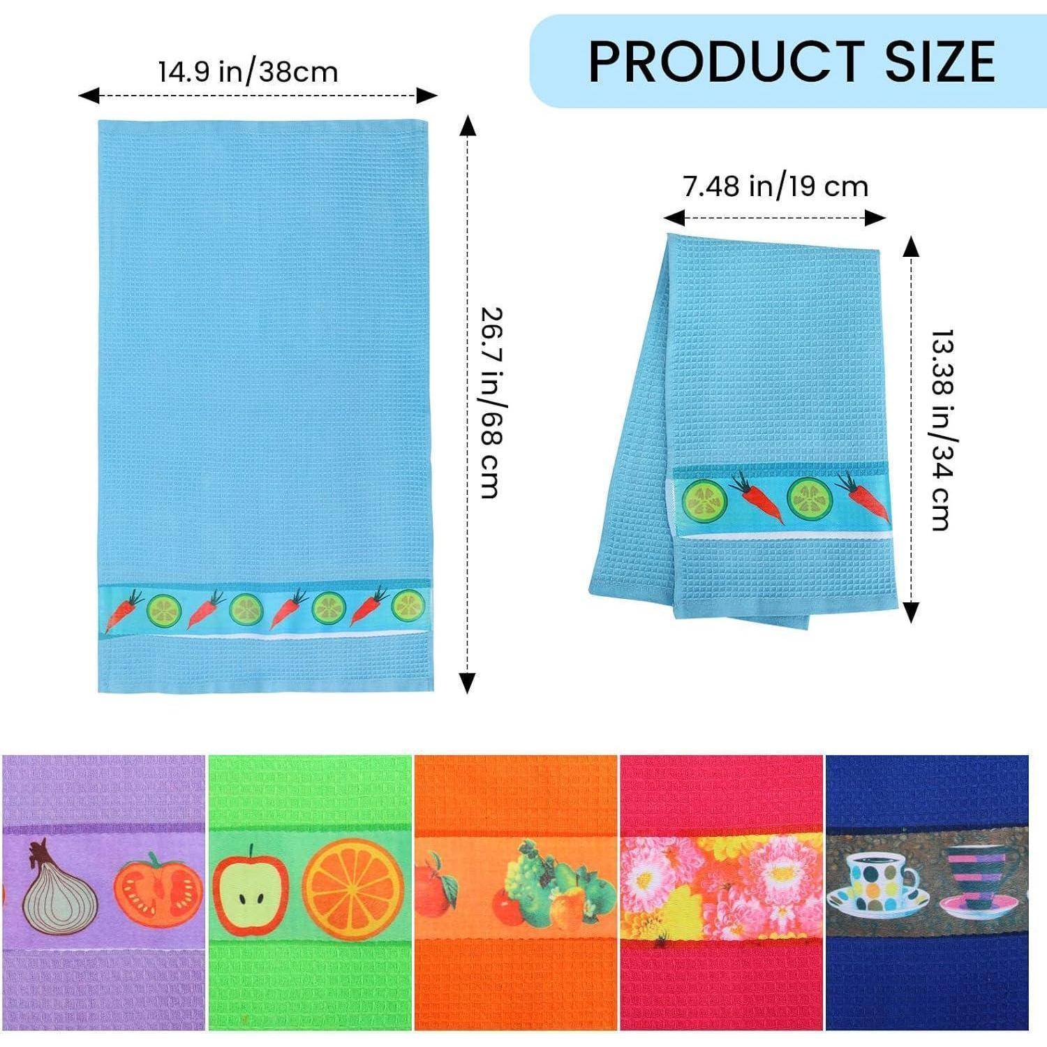 Produktgrößentabelle für ein blaues Handtuch: entfaltet 14,9 x 26,7 Zoll (38 x 68 cm), gefaltet 7,48 x 13,38 Zoll (19 x 34 cm). Unten werden fünf Farb-/Musteroptionen angezeigt.