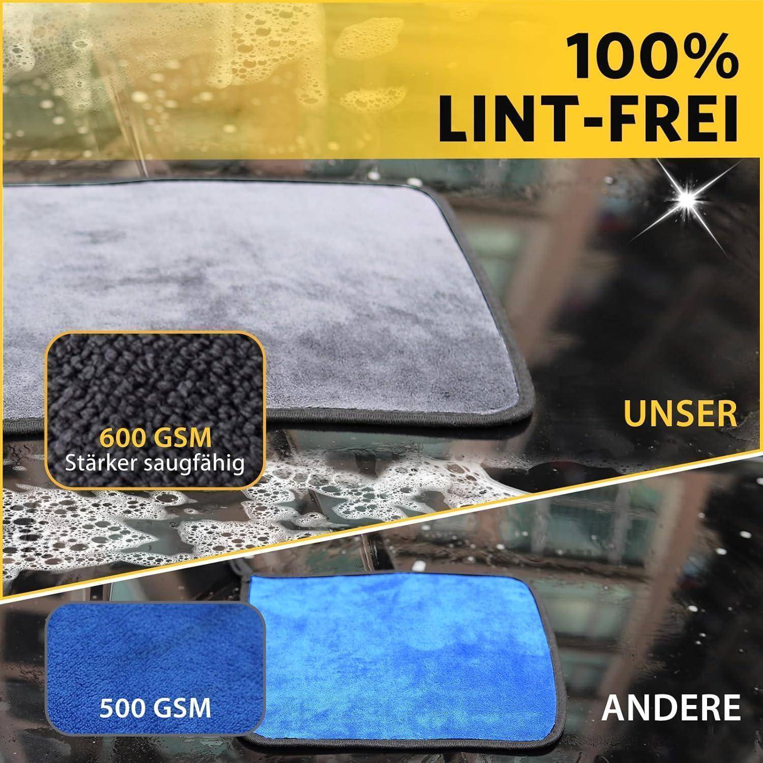 Autopflege Set mit 3 Stück Mikrofasertücher Auto & 2er Mikrofaser Waschhandschuh, 600 GSM Auto Trockentuch zum Kratzfreien Trocknen & Polieren, Extr