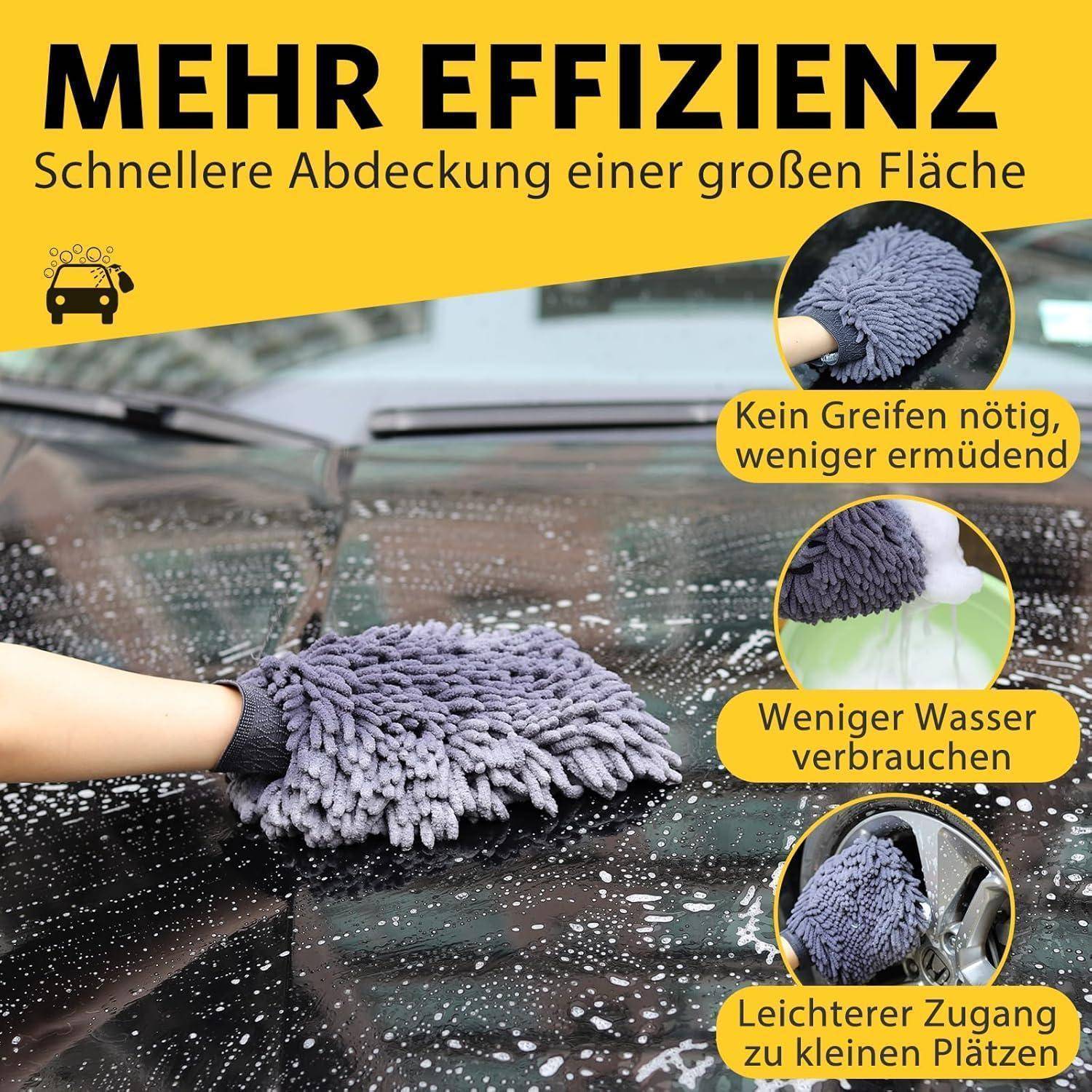 Autopflege Set mit 3 Stück Mikrofasertücher Auto & 2er Mikrofaser Waschhandschuh, 600 GSM Auto Trockentuch zum Kratzfreien Trocknen & Polieren, Extr