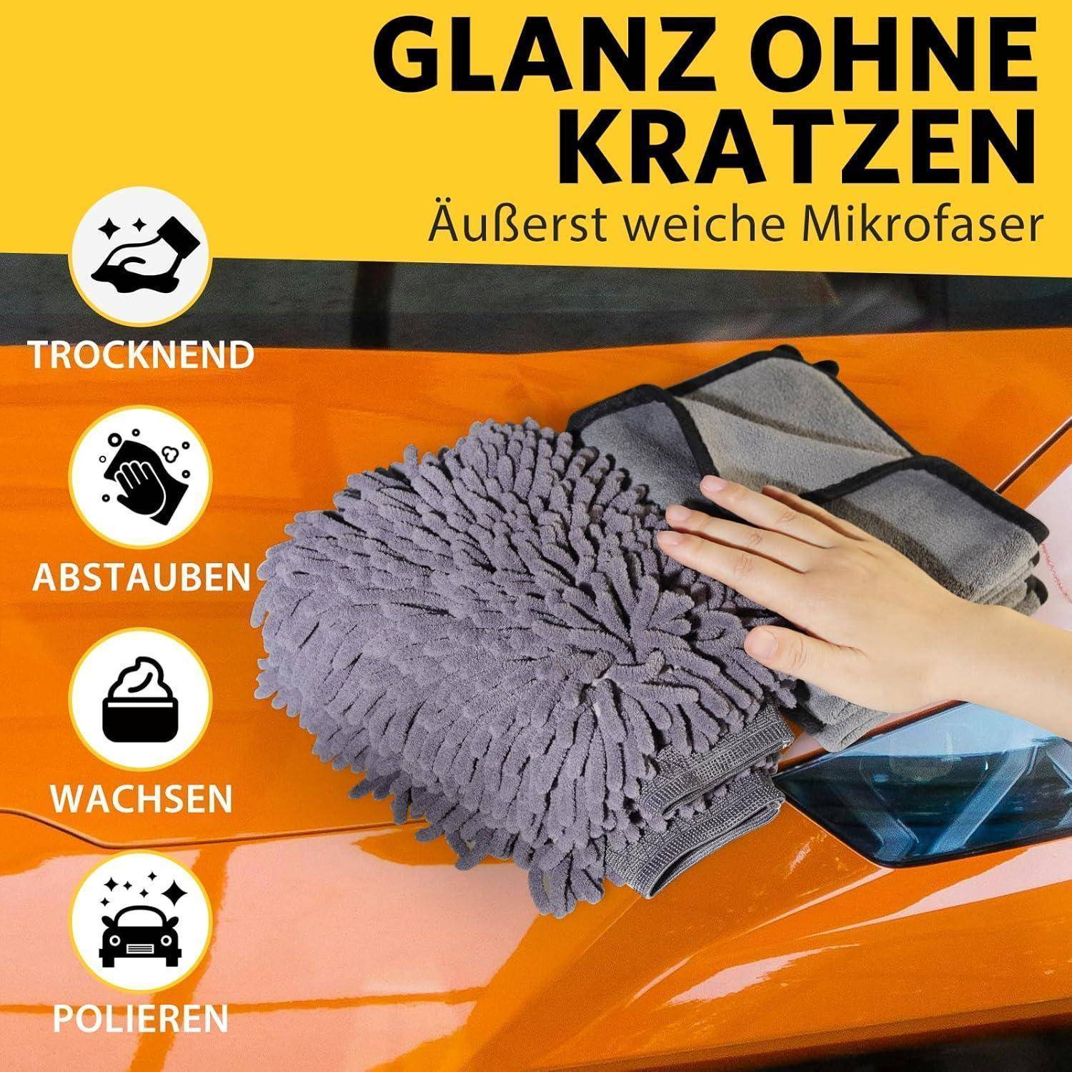 Autopflege Set mit 3 Stück Mikrofasertücher Auto & 2er Mikrofaser Waschhandschuh, 600 GSM Auto Trockentuch zum Kratzfreien Trocknen & Polieren, Extr