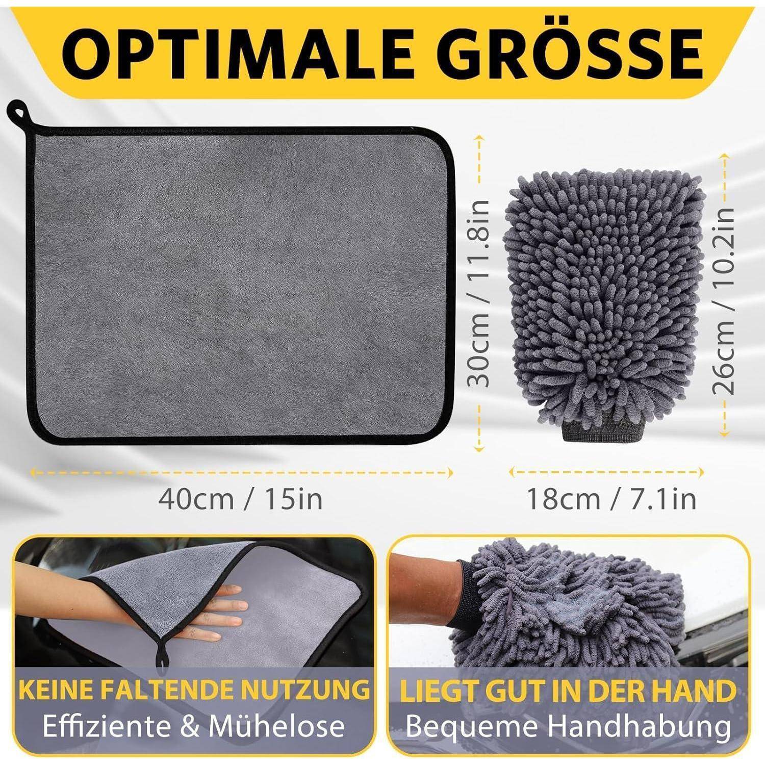 Autopflege Set mit 3 Stück Mikrofasertücher Auto & 2er Mikrofaser Waschhandschuh, 600 GSM Auto Trockentuch zum Kratzfreien Trocknen & Polieren, Extr