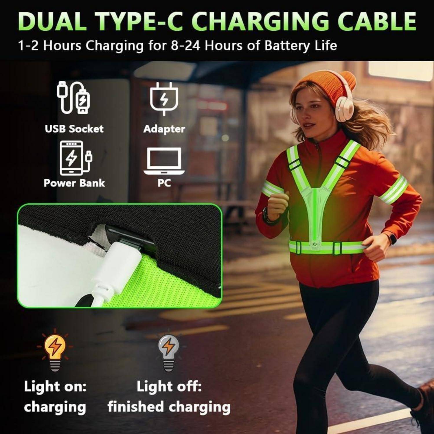 Anzeige für Dual-USB-Type-C-Ladekabel, das mit USB-Anschluss, Adapter, Powerbank und PC funktioniert; enthält eine Nahaufnahme des Ladesteckers und einen Läufer in reflektierender Weste.