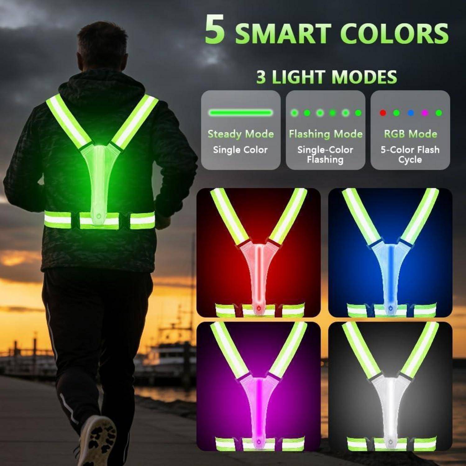 Werbebild einer reflektierenden LED-Sicherheitsweste, die von einer Person in der Dämmerung getragen wird, mit der Bezeichnung „5 INTELLIGENTE FARBEN" und „3 LICHTMODI"", die gleichmäßige, blinkende und RGB-Mehrfarbeinstellungen zeigt.