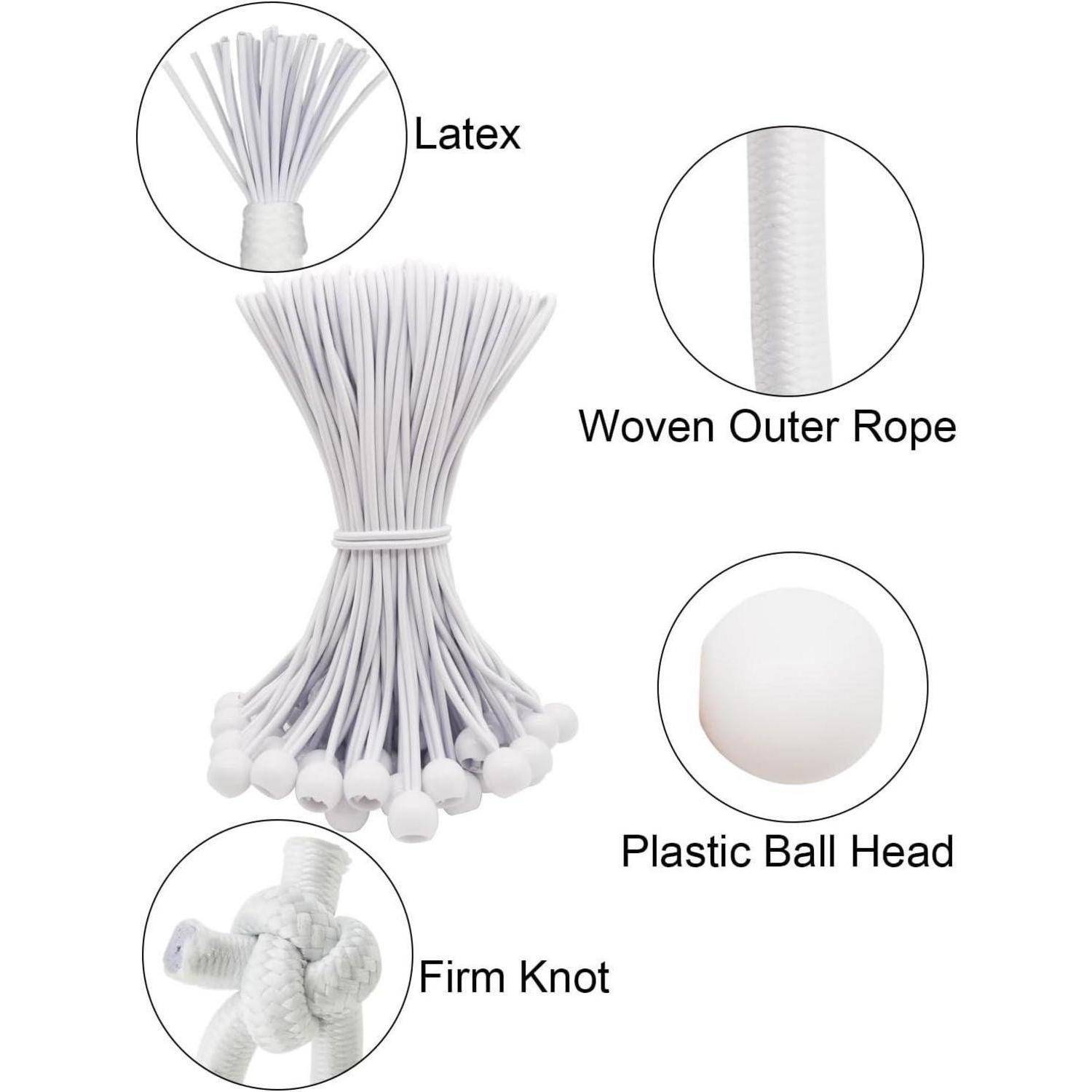 Illustration eines weißen Seilbündels mit Beschriftungen, die Latex, geflochtenes Außenseil, Kunststoffkugel am Kopf und fester Knoten zeigen.