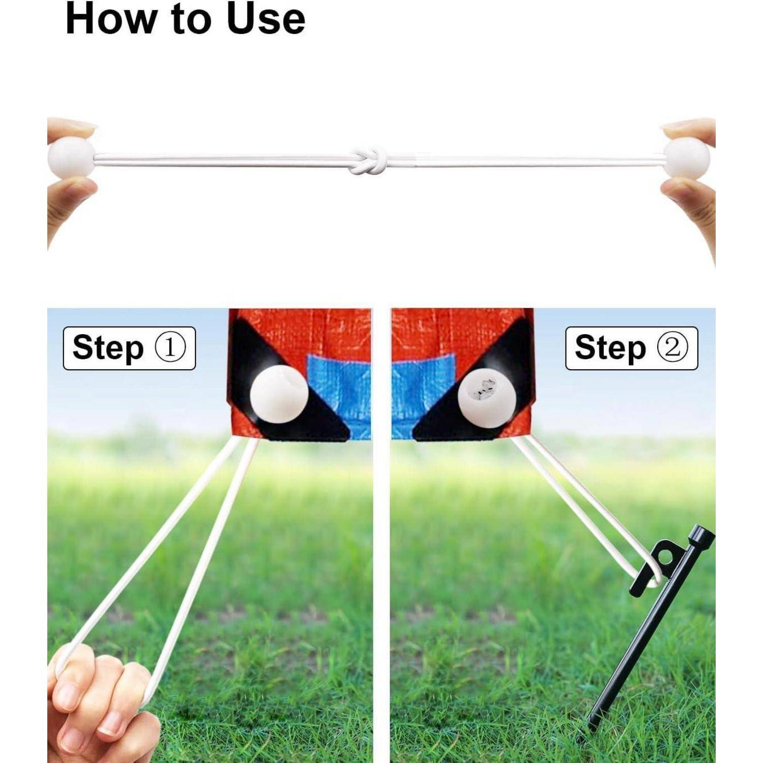 Wie man ein Diagramm zum Bedienen eines Ballwerfers nutzt: Spannen Sie eine Schnur zwischen zwei Händen, befestigen Sie sie dann am Gerät und stellen Sie es zum Gebrauch auf den Boden.