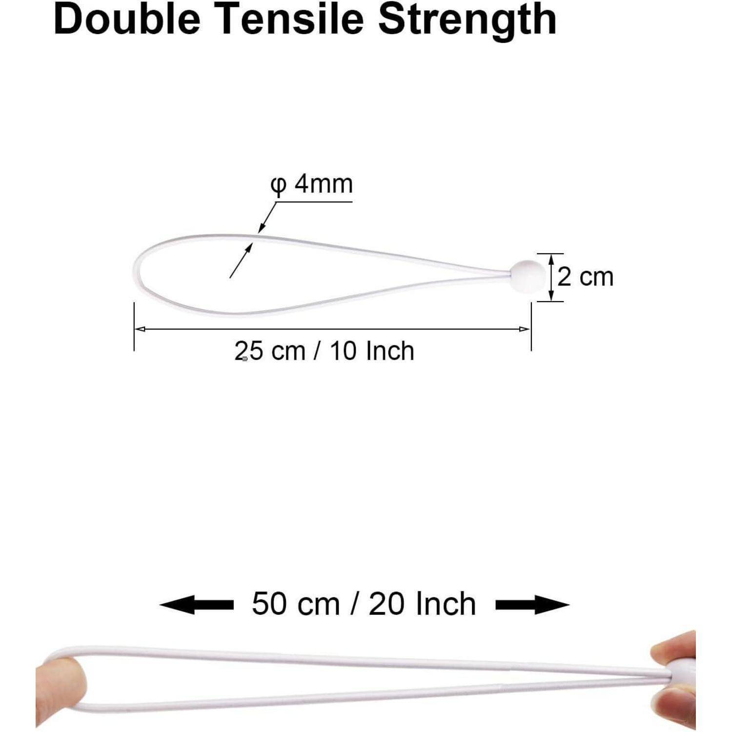 Diagramm einer doppelten Zugfestigkeitsschleife: 25 cm Länge, 4 mm Dicke, 2 cm Spitze und 50 cm gespannte Länge zwischen zwei Händen.