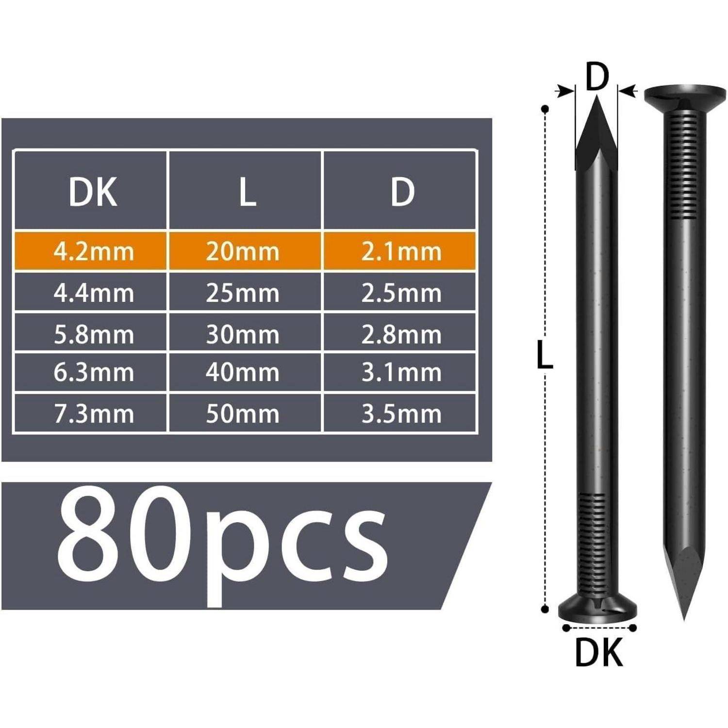 Produktgrößentabelle für 80er-Pack schwarze Befestigungselemente mit DK-, L- und D-Messungen: 4,2 mm/20 mm/2,1 mm bis 7,3 mm/50 mm/3,5 mm, mit Nagelabbildung zur Kennzeichnung der Abmessungen.