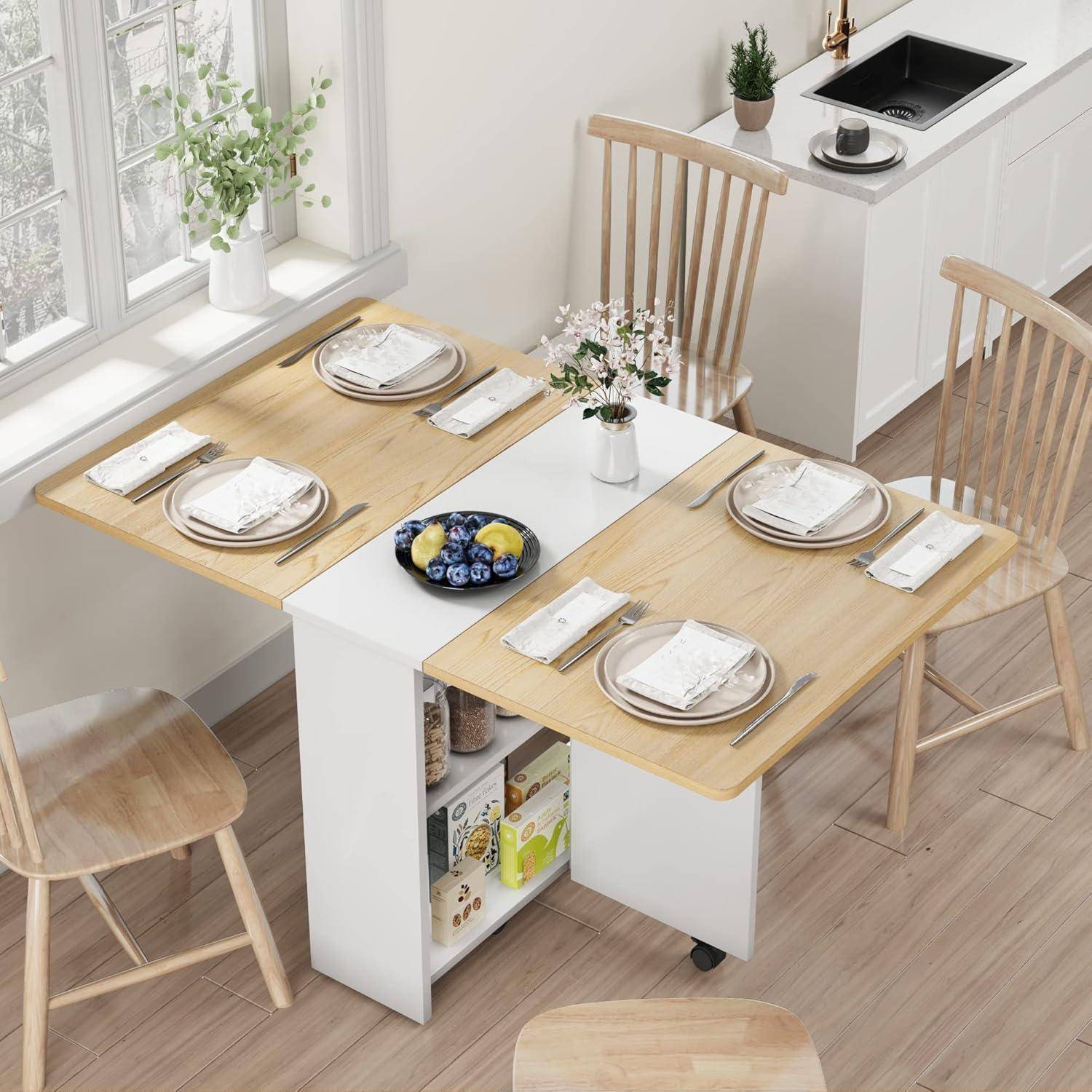 Esstisch Klappbar Küchentisch Mit Offenen Ablagen Klapptisch Esszimmertisch Mit Rollen Küchentisch Für Kleine Räume, 120 x 60 x 75 cm Naturholzfar