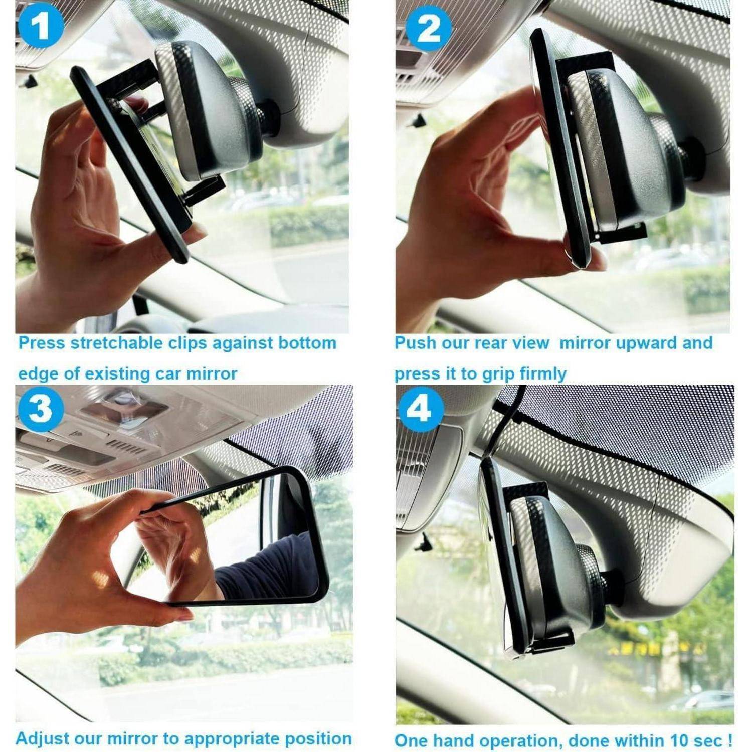Vier-Schritt-Anleitung zur Montage eines Autospiegels zeigt eine Hand, die ein Rückspiegel-Zubehörteil an einen vorhandenen Spiegel anbringt und anpasst, dann an der richtigen Position positioniert.
