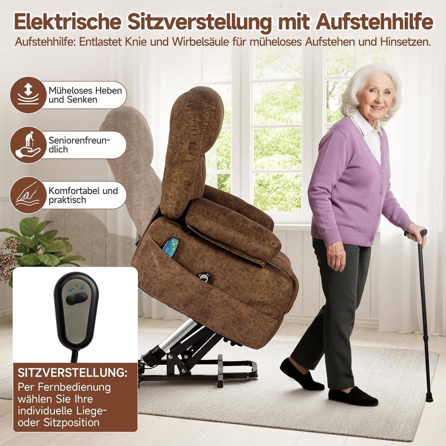 HAUSPROFI Relaxsessel mit Liegefunktion &amp; Aufstehhilfe – Massagesessel mit Wärmefunktion | Samt-Fernsehsessel Elektrisch Verstellbar mit Ablagefach