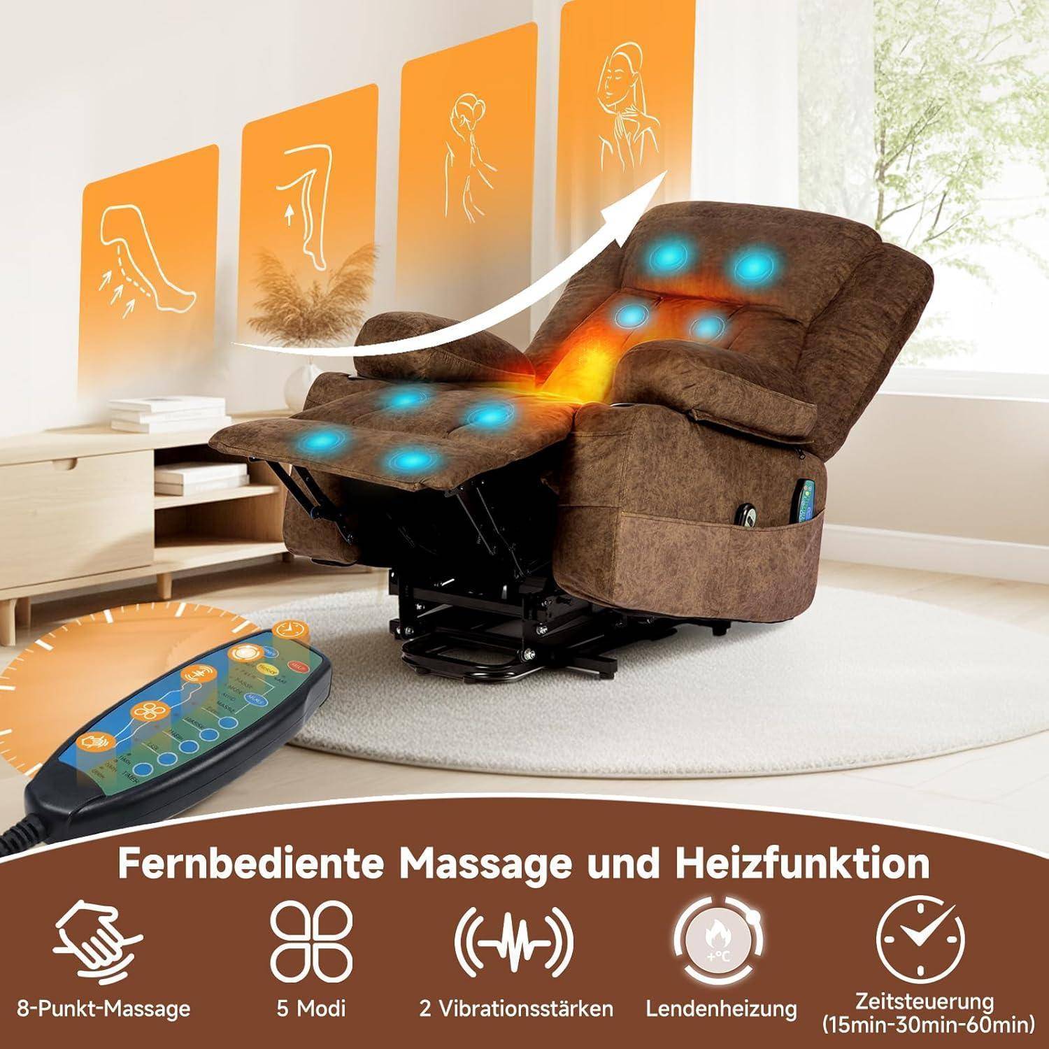 Brauner Sessel-Massagesessel mit Wärmefunktion und Fernbedienung, gezeigt mit blauen Massagepunkten und einem Pfeil zum Aufklappen nach oben. Spanisch? Der deutsche Text besagt "Massage- und Heizfunktion"".