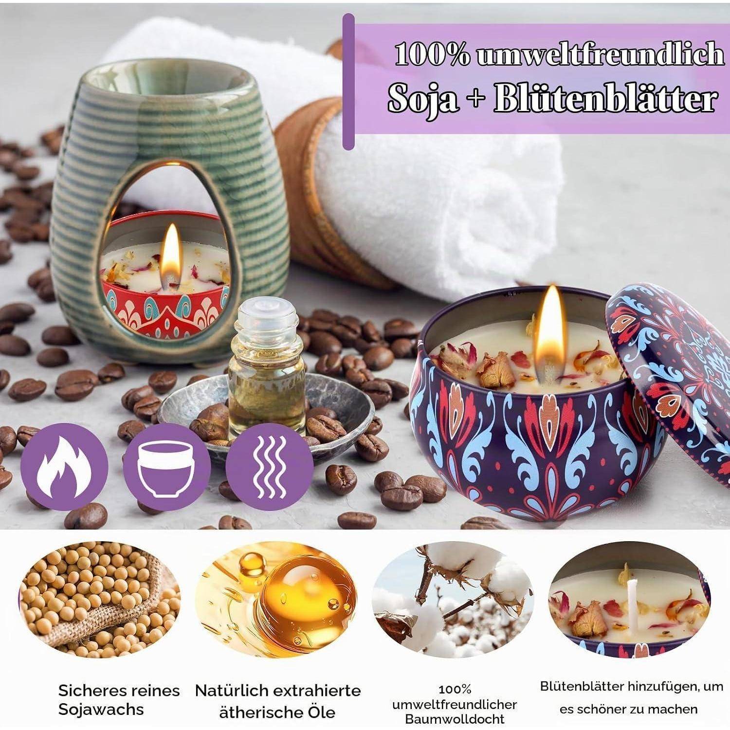 Geschenkset, 4 Stück Aromatherapie Kerzen mit Sojawachs in Dosen, Kerzen selber Machen Set Kerzenherstellung Kit DIY Kerzenherstellung Kleine