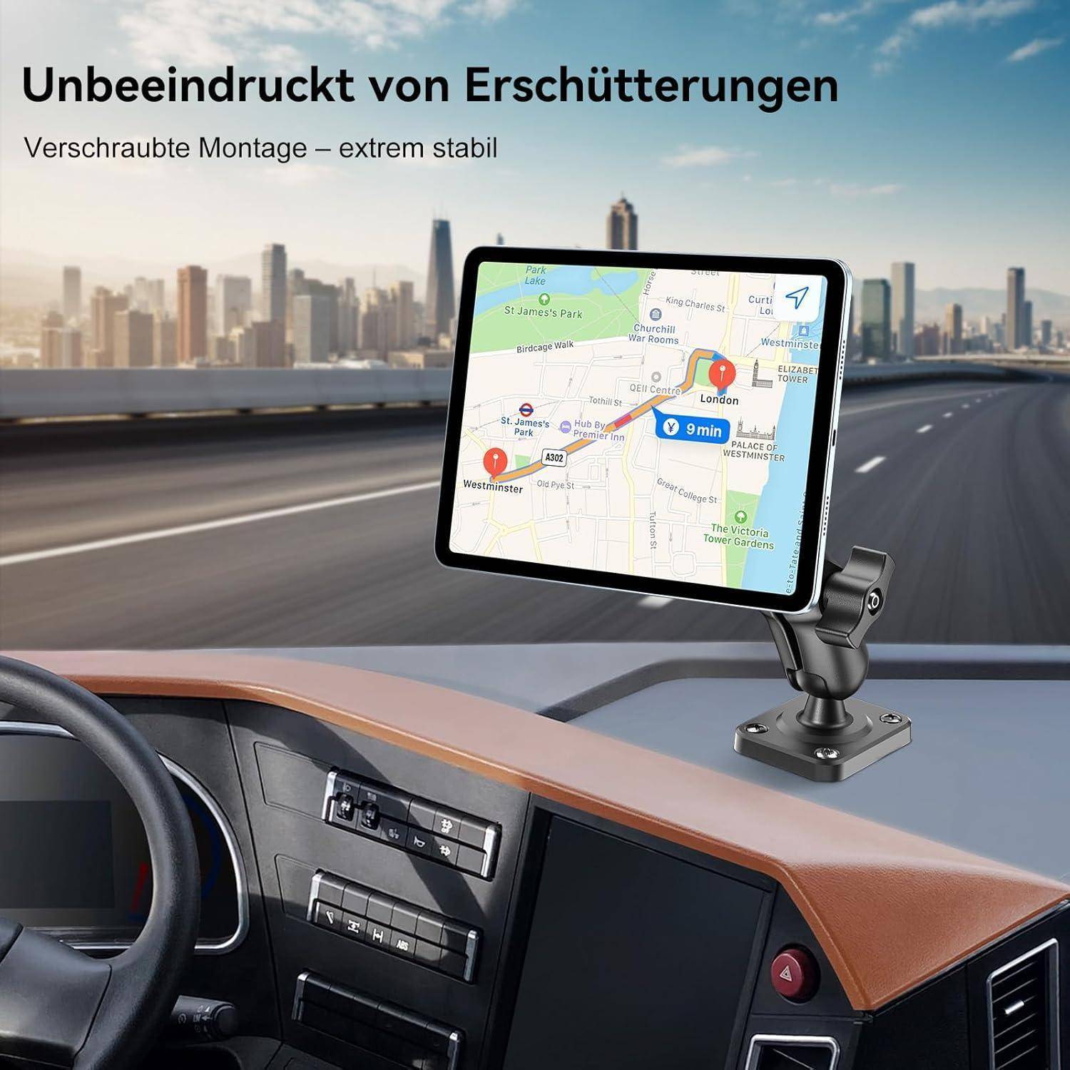 Armaturenbrett mit einer sicher befestigten tablettenförmigen GPS-Halterung, die eine Kartenstrecke anzeigt; deutscher Text besagt „Unbeeindruckt von Erschütterungen" und „Verschraubte Montage – extrem stabil"".