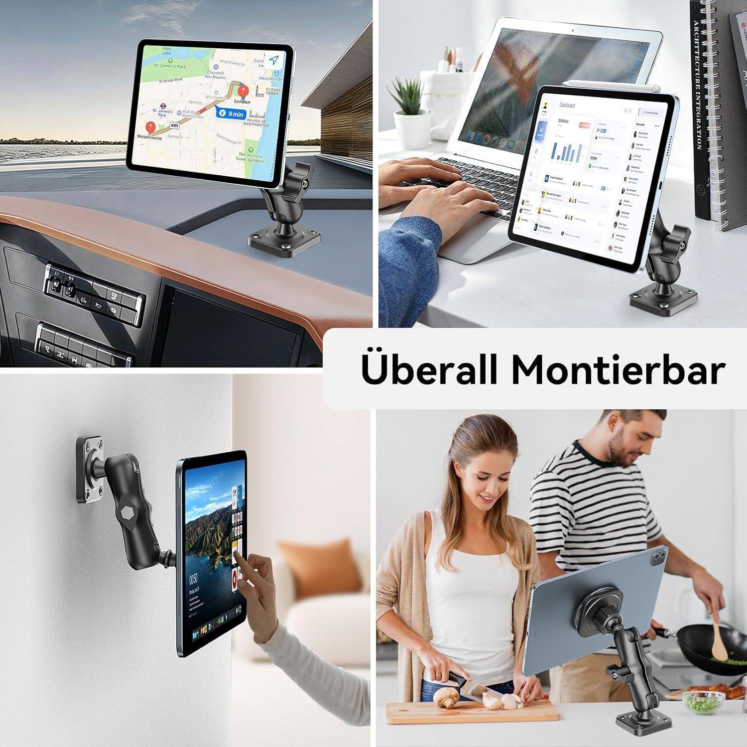 Collage einer verstellbaren Tablet-Halterung, die in einem Auto, an einem Schreibtisch, an einer Wand und in einer Küche verwendet wird, mit der Bezeichnung „Überall Montierbar", die vielseitige Platzierungsmöglichkeiten zeigt.