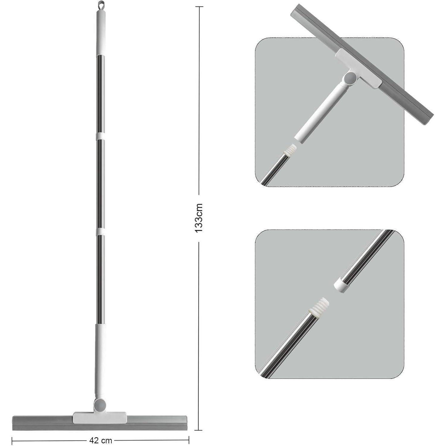 Abbildung eines 133 cm langen teleskopischen Bodenwischers mit einem 42 cm breitem Kopf, dargestellt mit Nahaufnahmen der Griffverbindung und der Drehgelenk-Befestigung.