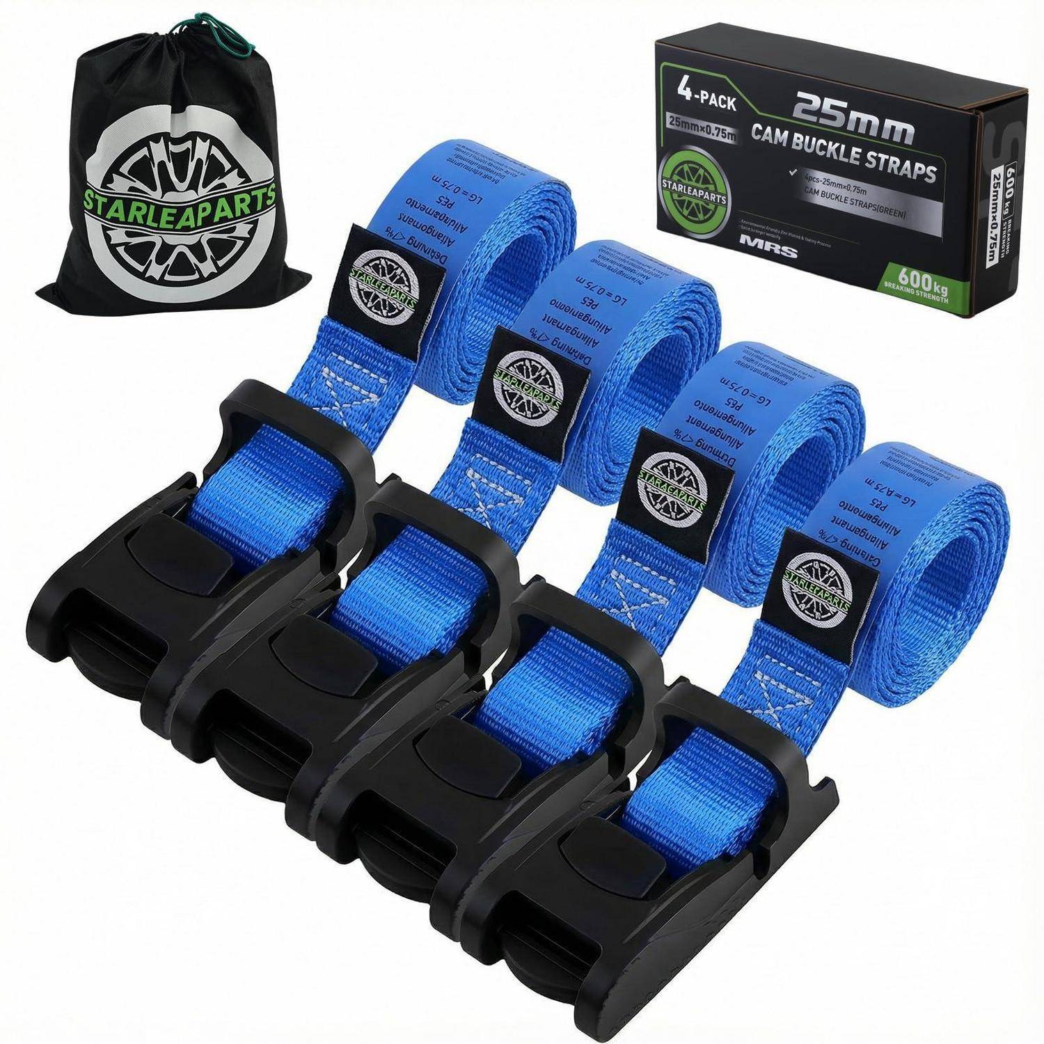 Produktfoto eines 4er-Packs blauer 25-mm-Kamspannriemen mit schwarzen Schnallen, gezeigt mit einer Aufbewahrungstasche und Box.