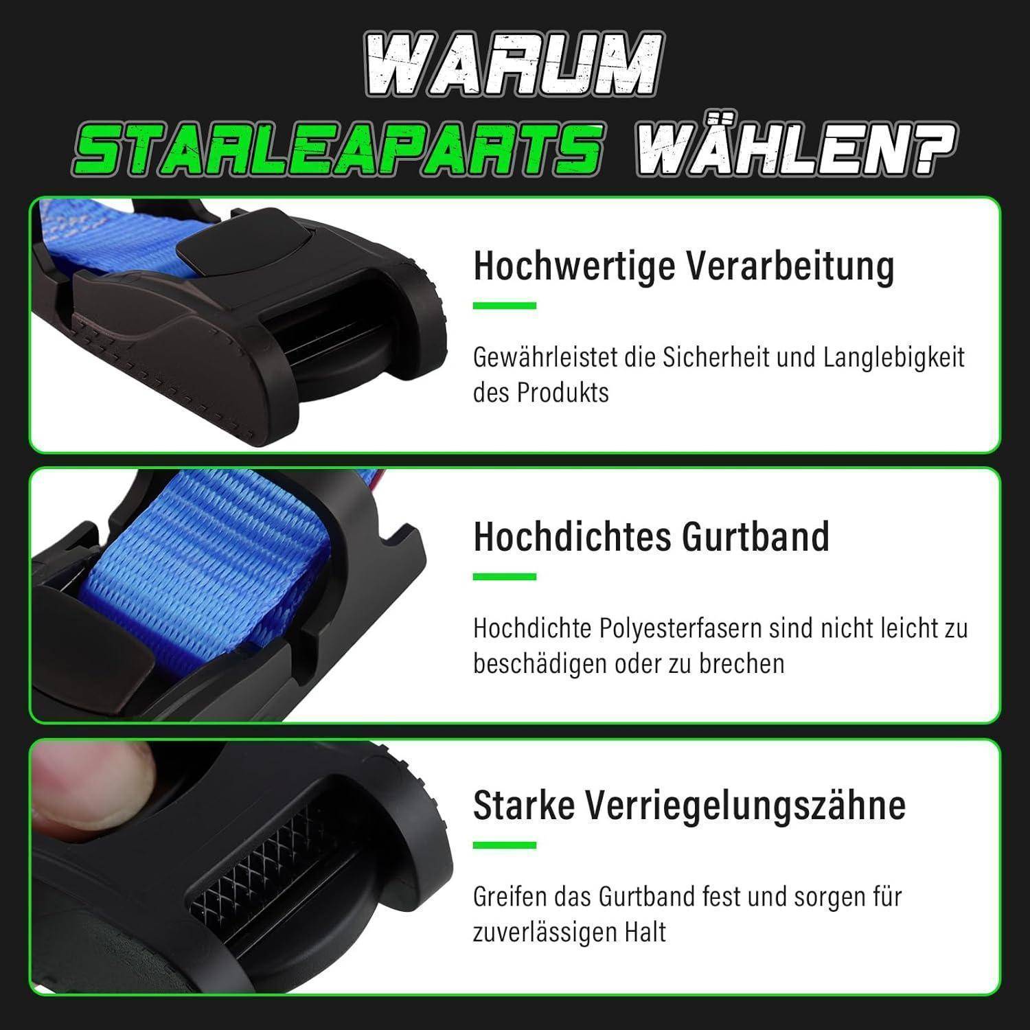 STARLEAPARTS Kurze Spanngurte Zurrgurte 4 Stück, Länge 75 cm | Breite 25 mm | 600 Kg Bruchlast, Spanngurt mit Klemmschloss für Fahrradträger, Dach