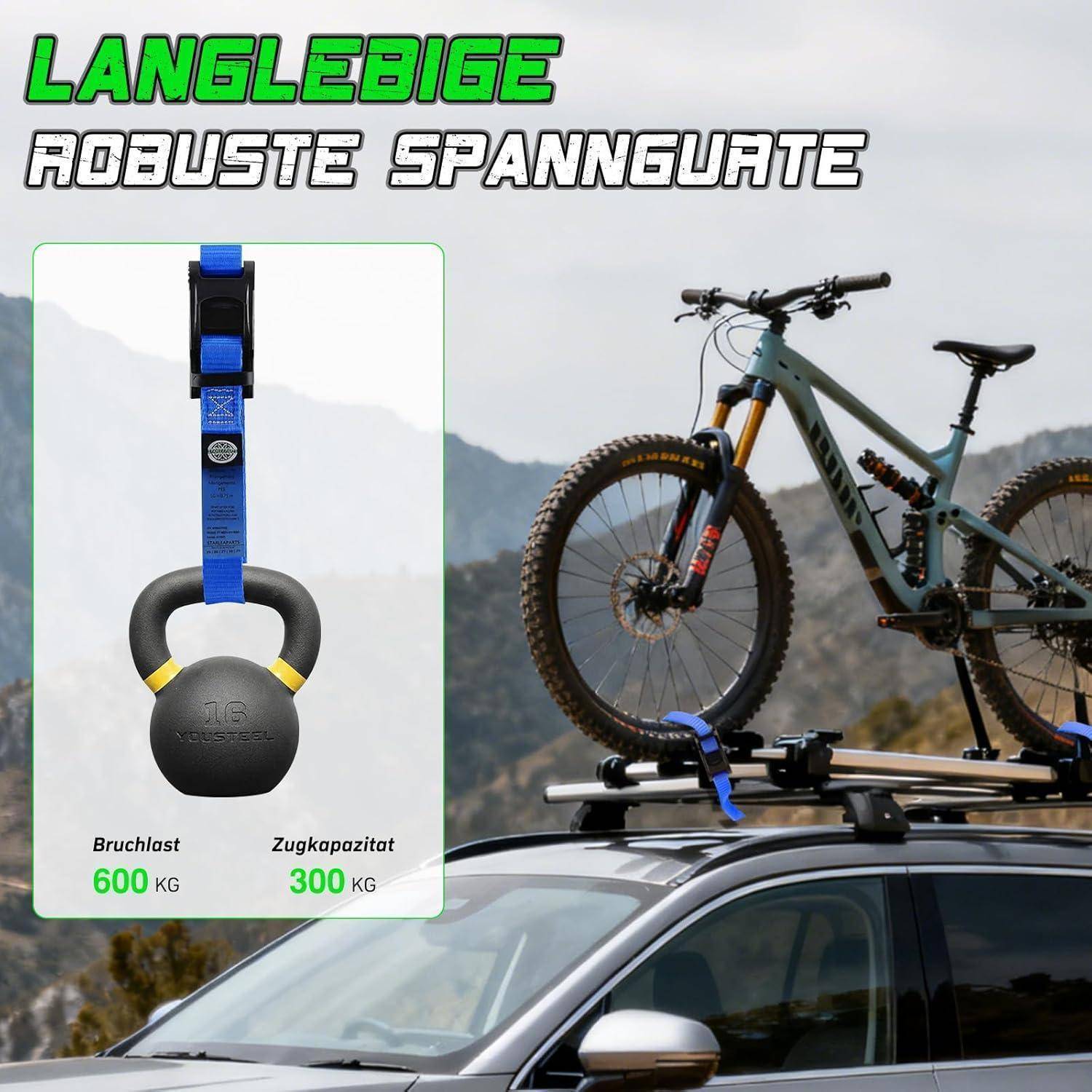 Werbebild einer Fahrraddachträger-Spannschiene, die ein Mountainbike auf einem Auto hält, mit eingefügtem Detailbild des Gurtes und Text „LANGLEBIGE ROBUSTE SPANNGURTE