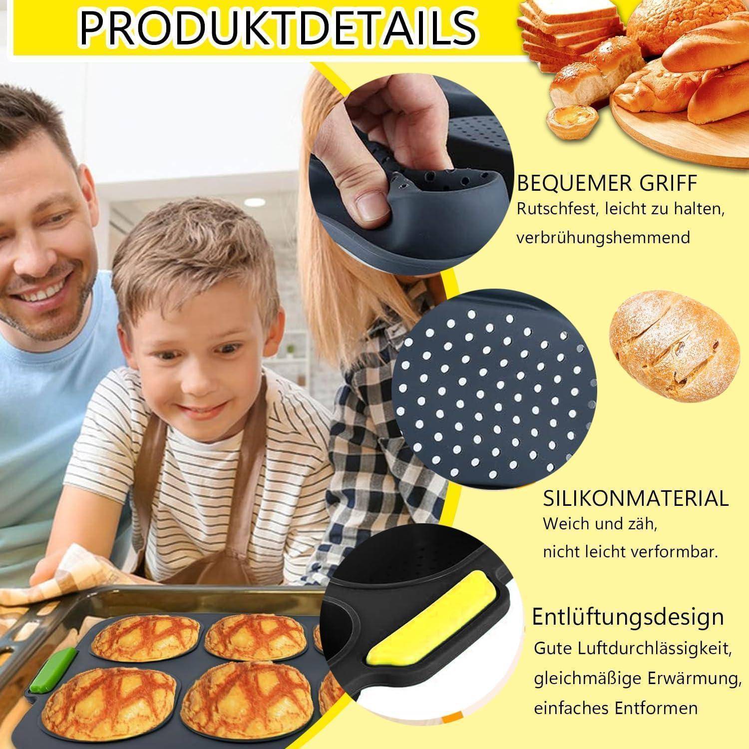 Produktdetails-Grafik, die eine antihaftbeschichtete Backform mit Silikongriff, belüftetem Design und flexiblem Silikonmaterial für einfaches, gleichmäßiges Backen und müheloses Entformen zeigt.