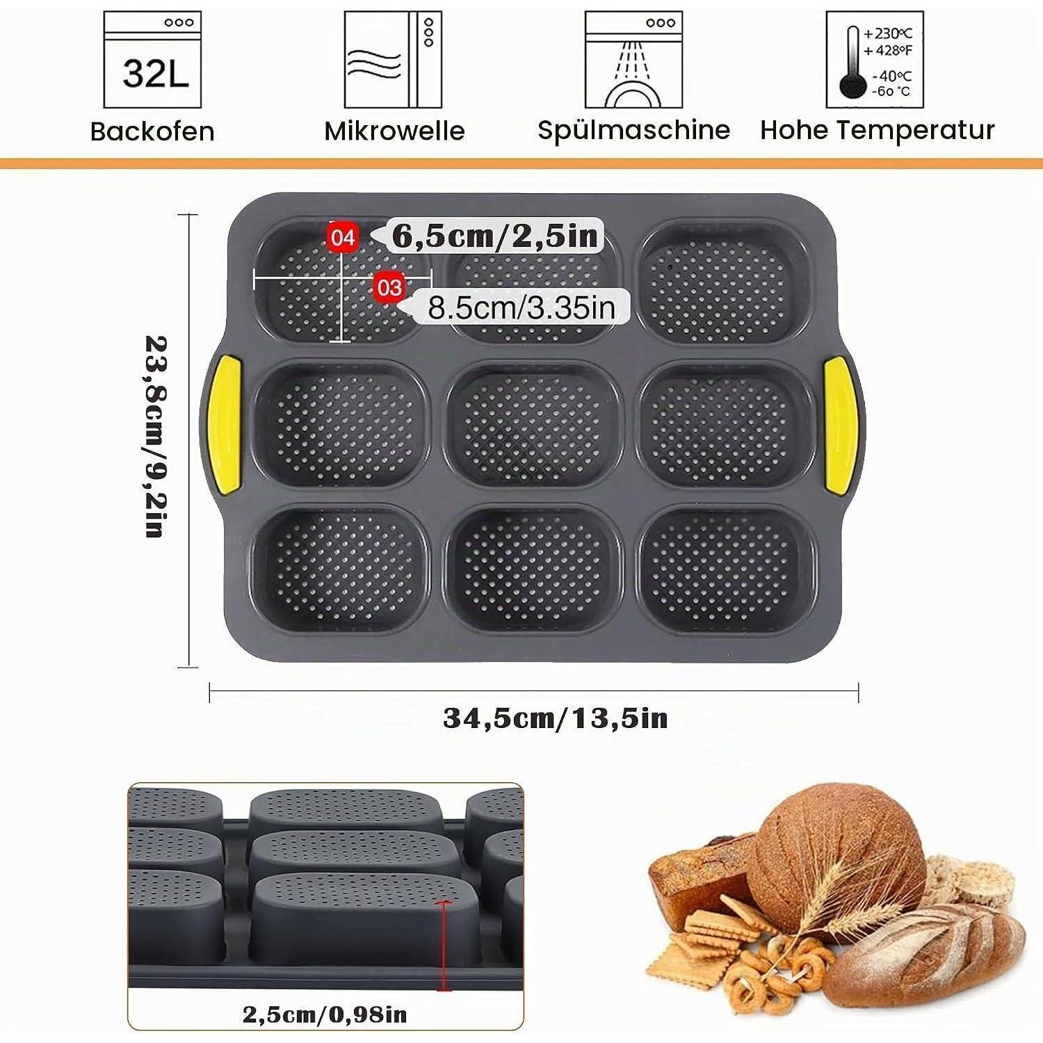 Graue rechteckige Kastenform/Brotbackform mit 9 perforierten Fächern und gelben Griffen, gezeigt mit Größenmessungen und Symbolen für Ofen, Mikrowelle, Geschirrspüler und Temperatur.