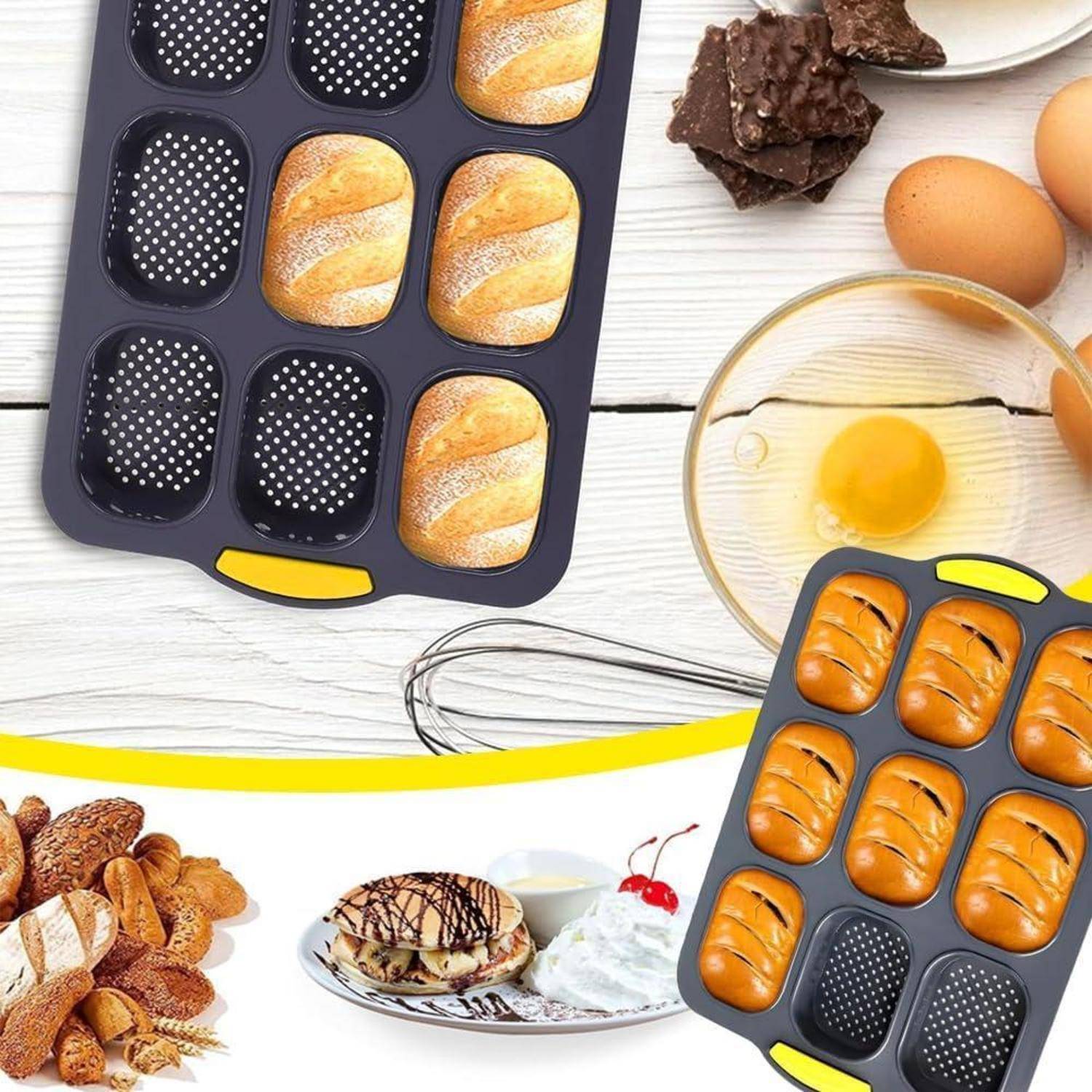 Collage aus Backformen und Zutaten, die Brot- und Gebäckformen, Eier, Schneebesen und fertige Backwaren auf einer weißen Oberfläche zeigt.