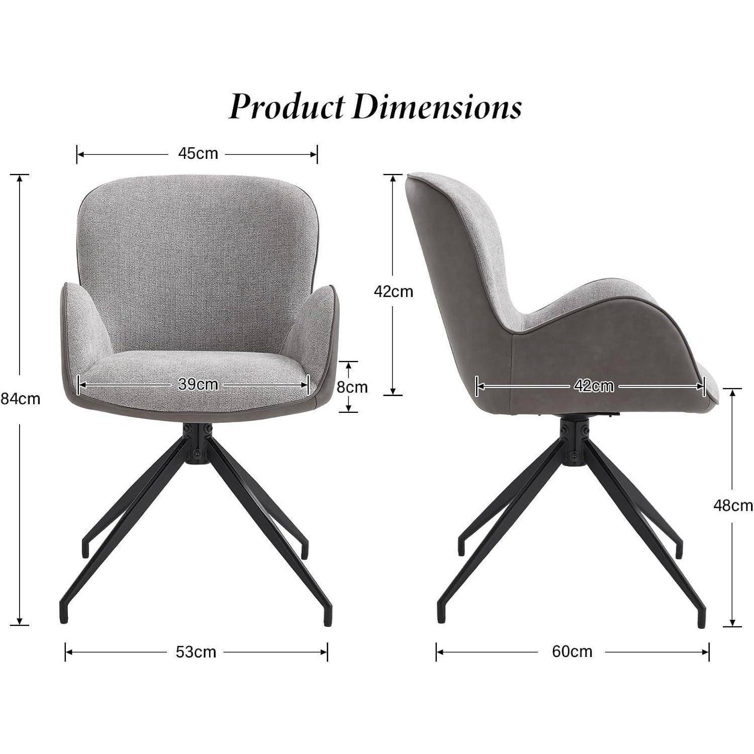 Produktmaße-Diagramm eines grauen Drehstuhls mit Vorder- und Seitenansicht und Maßangaben: 84 cm Höhe, 45 cm Breite, 39 cm Sitzbreite, 42 cm Sitzhöhe der Rückenlehne, 53 cm Basisdurchmesser, 60 cm Seitentiefe und 48 cm Sitzhöhe.