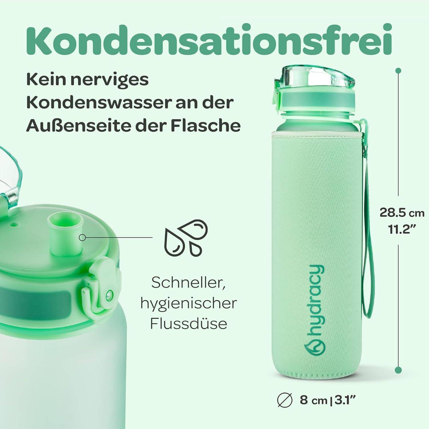 Deutsches Produktgraphik einer grünen Hydraucy-Wasserflasche mit Hervorhebung des kondensationsfreien Designs, einer schnelleren hygienischen Flussdüse und Abmessungen von 28,5 cm Höhe mal 8 cm Breite.