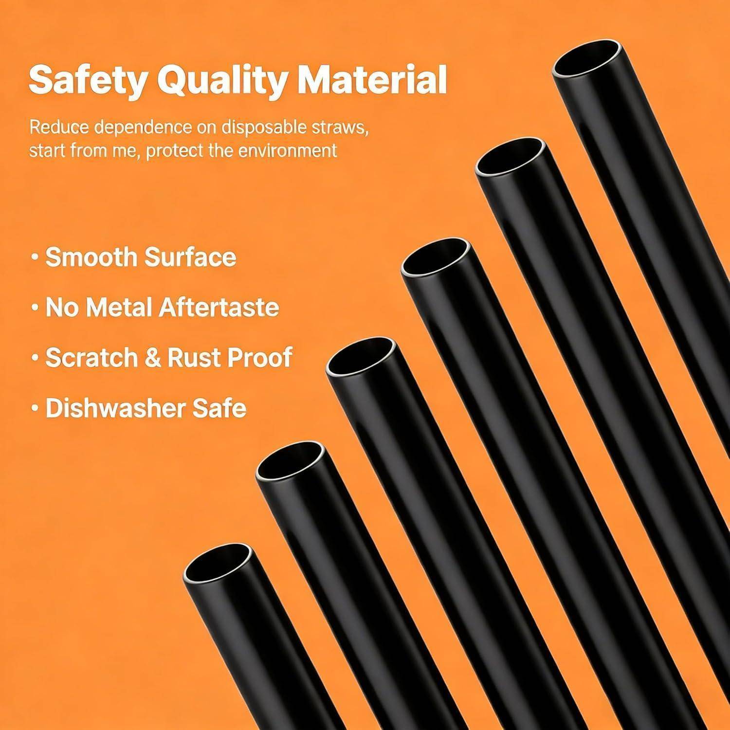 Werbegrafik für schwarze wiederverwendbare Trinkhalme auf orangefarbenem Hintergrund mit dem Titel „Safety Quality Material