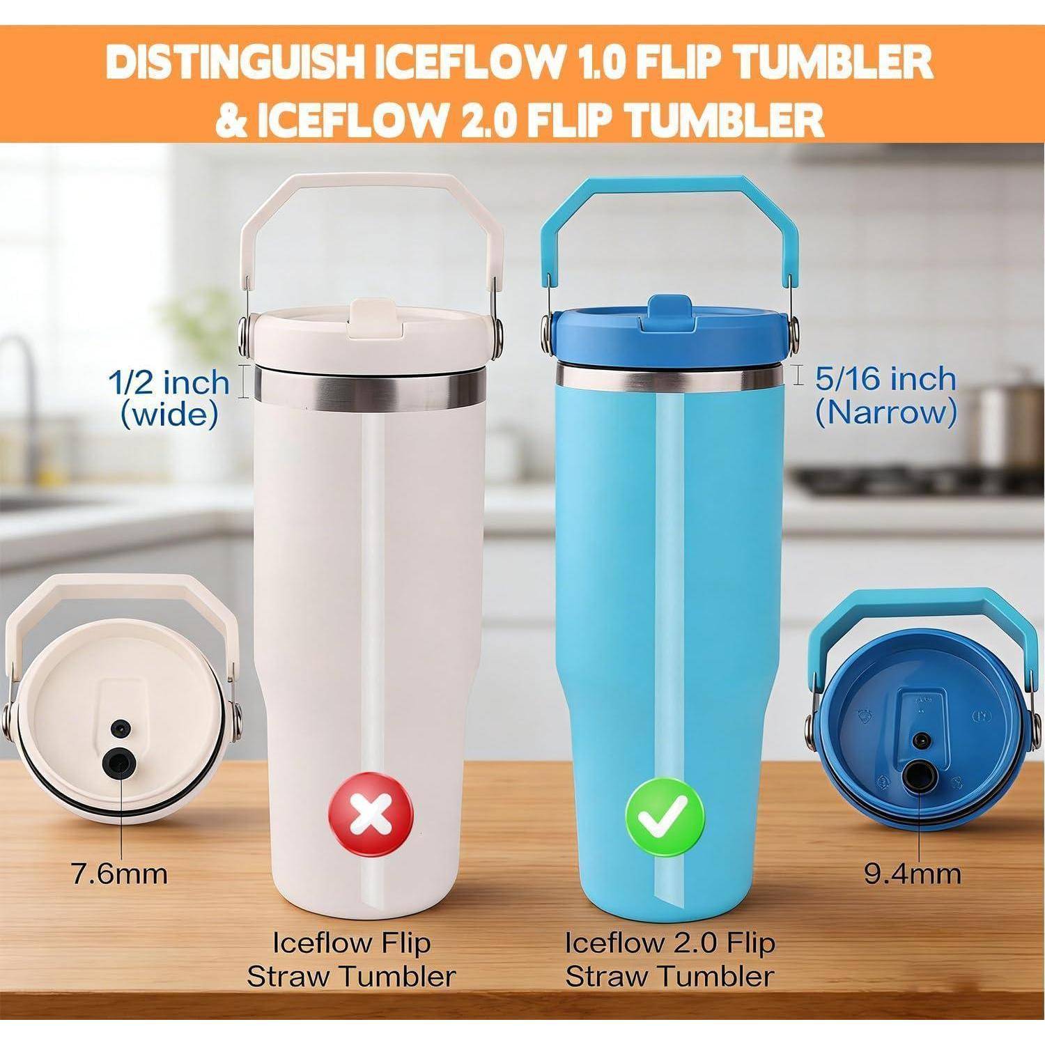 Infografik zum Vergleich von Iceflow 1.0 und Iceflow 2.0 Flip Tumblers; 1.0 hat einen 1/2 Zoll breiten Griff und einen 7,6 mm Deckel, 2.0 hat einen 5/16 Zoll schmalen Griff und einen 9,4 mm Deckel.