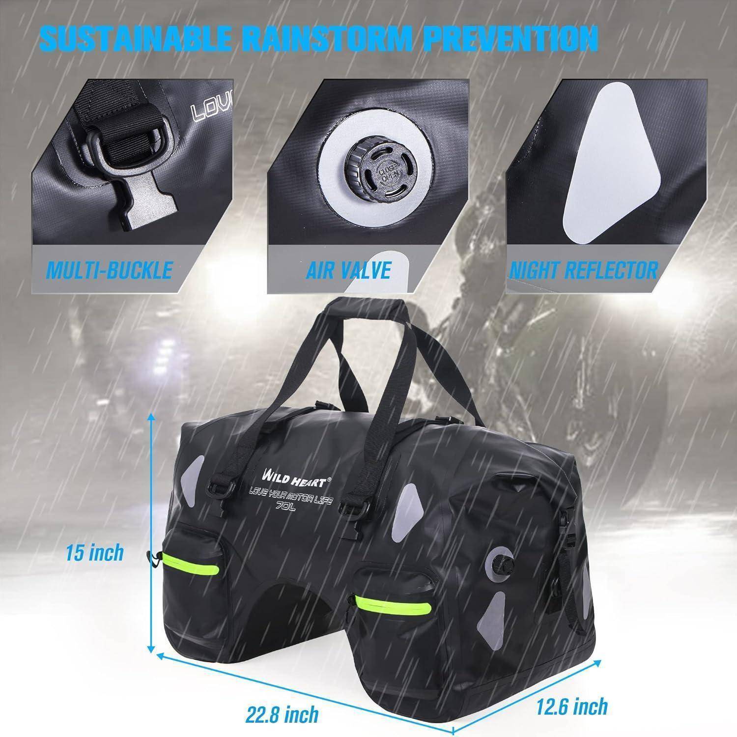 WILD HEART Wasserdicht Motorrad-Hecktasche 70L mit Seilriemen und Innentasche aus Wasserdichtem 500D-PVC für Reise, Motorrad usw (Schwarz) 70L