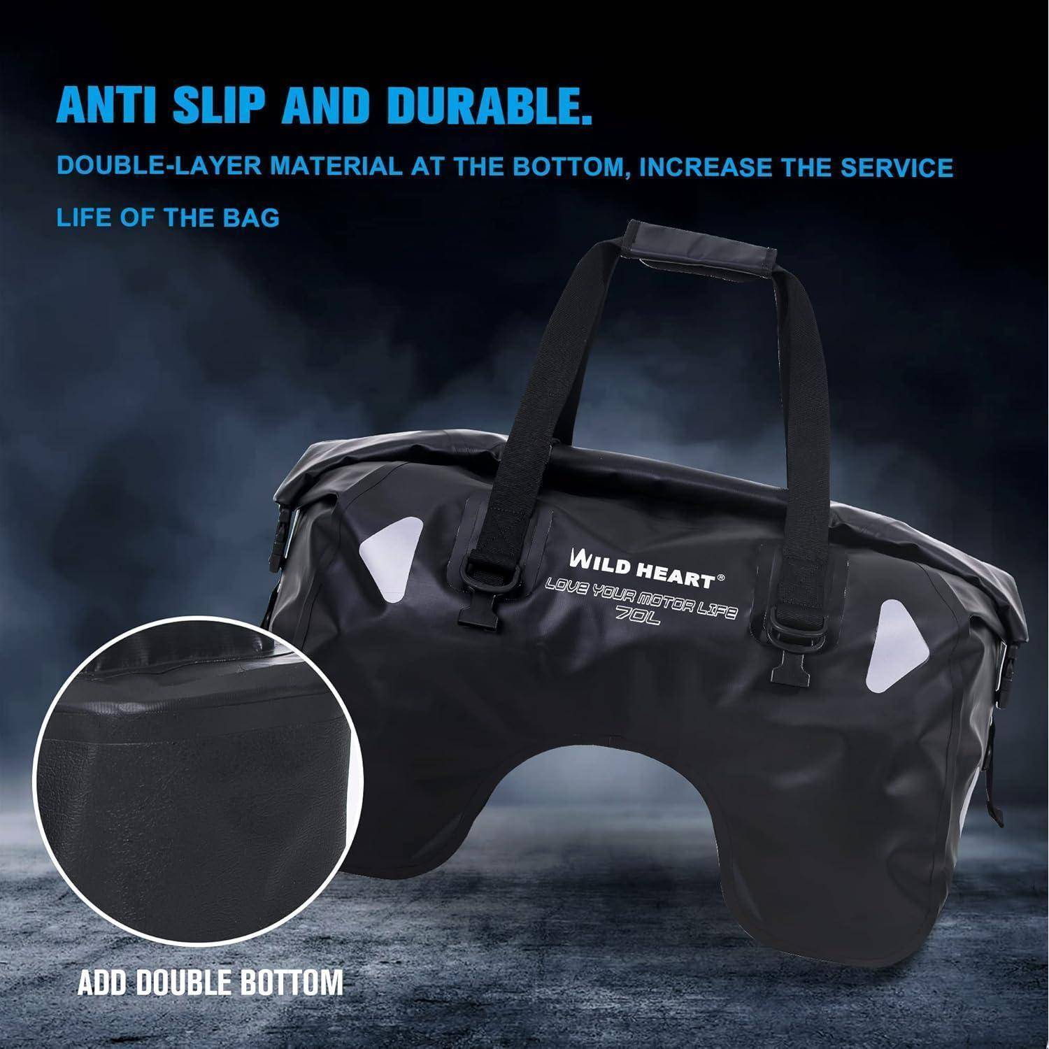 WILD HEART Wasserdicht Motorrad-Hecktasche 70L mit Seilriemen und Innentasche aus Wasserdichtem 500D-PVC für Reise, Motorrad usw (Schwarz) 70L