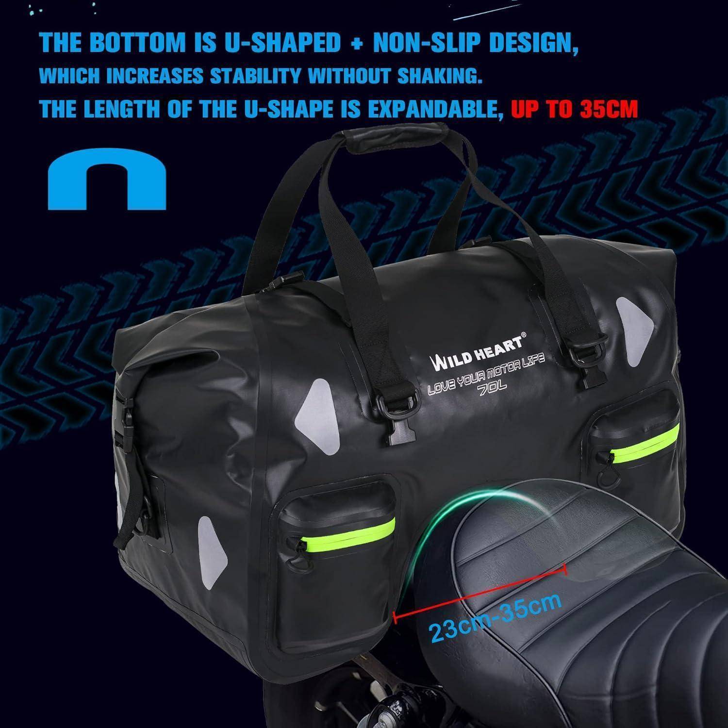 WILD HEART Wasserdicht Motorrad-Hecktasche 70L mit Seilriemen und Innentasche aus Wasserdichtem 500D-PVC für Reise, Motorrad usw (Schwarz) 70L
