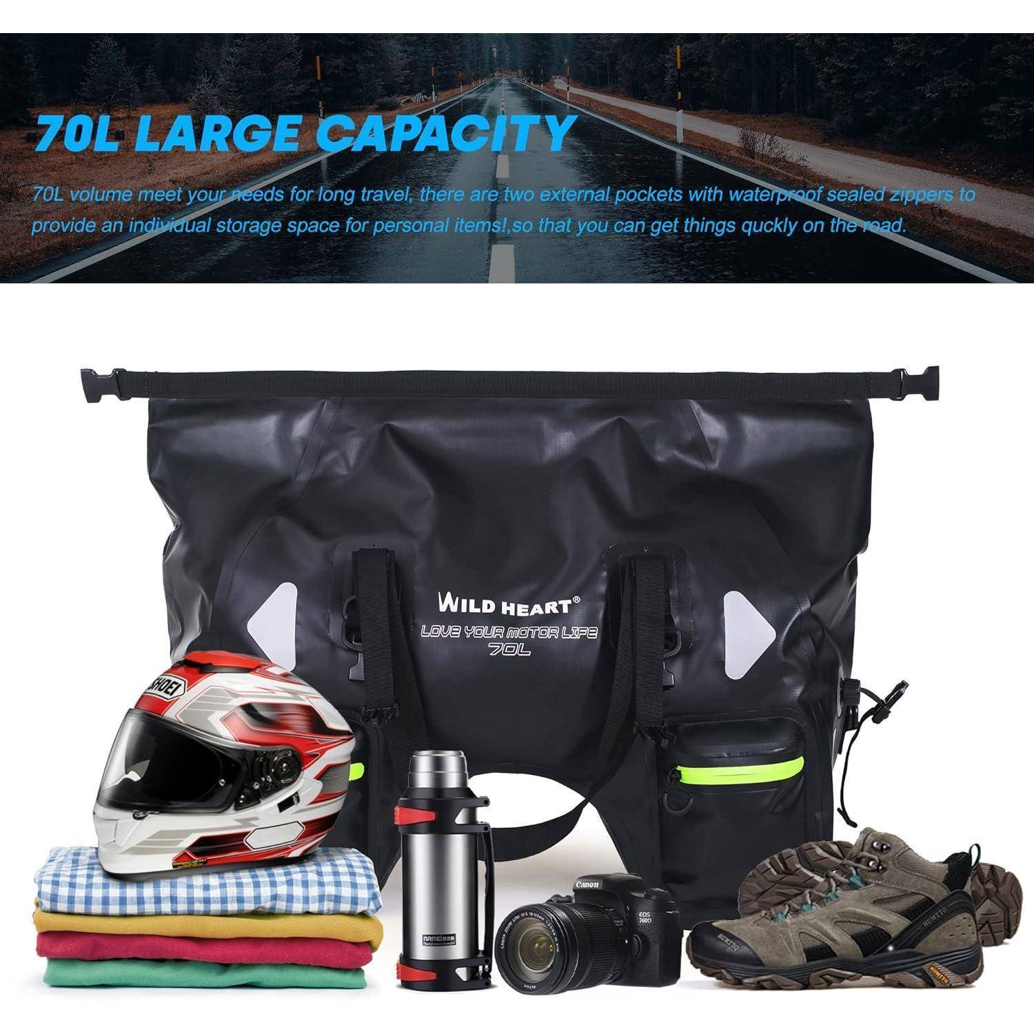 WILD HEART Wasserdicht Motorrad-Hecktasche 70L mit Seilriemen und Innentasche aus Wasserdichtem 500D-PVC für Reise, Motorrad usw (Schwarz) 70L