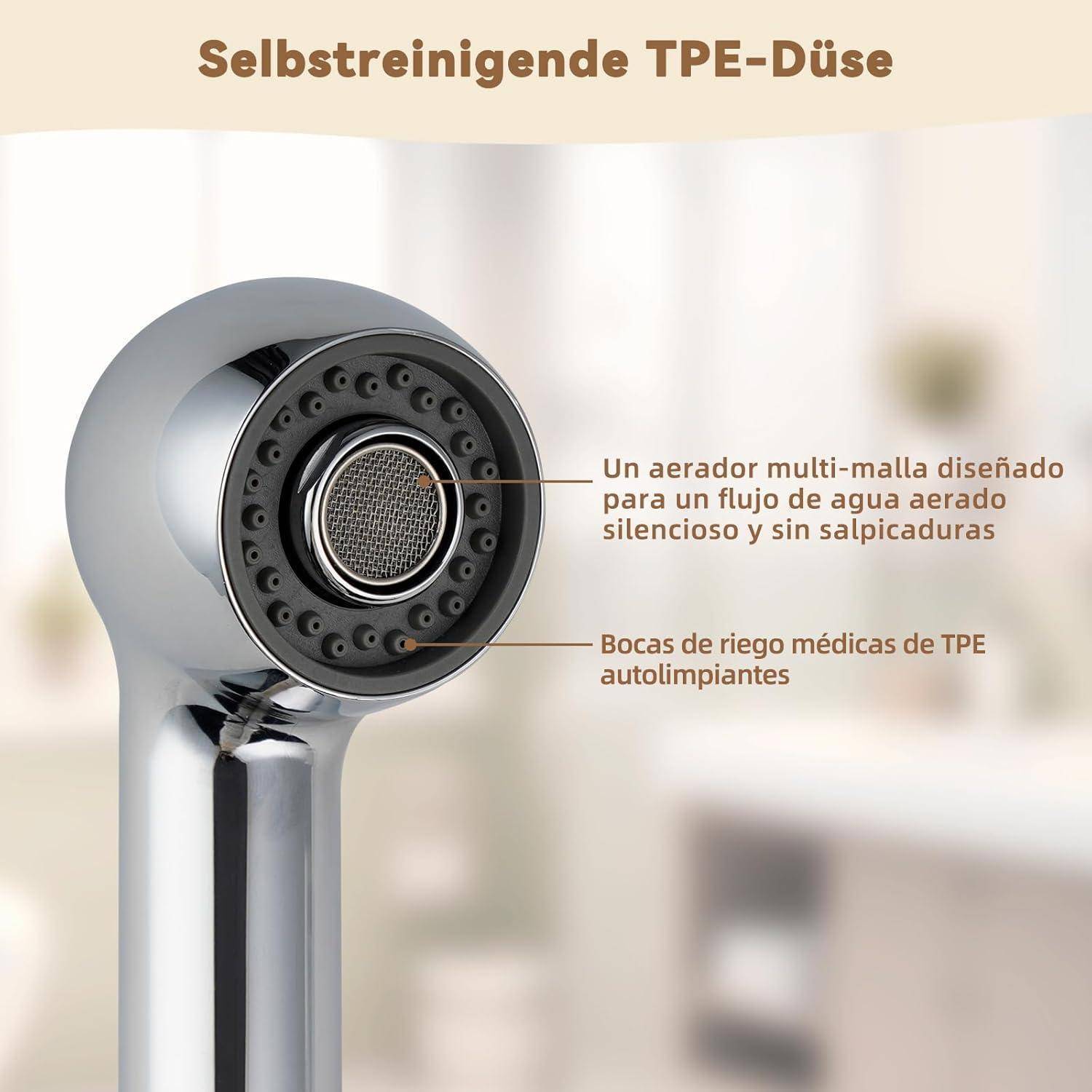 Produktbild eines verchromten Wasserhahnkopfs mit der Bezeichnung „Selbstreinigendes TPE-Mundstück