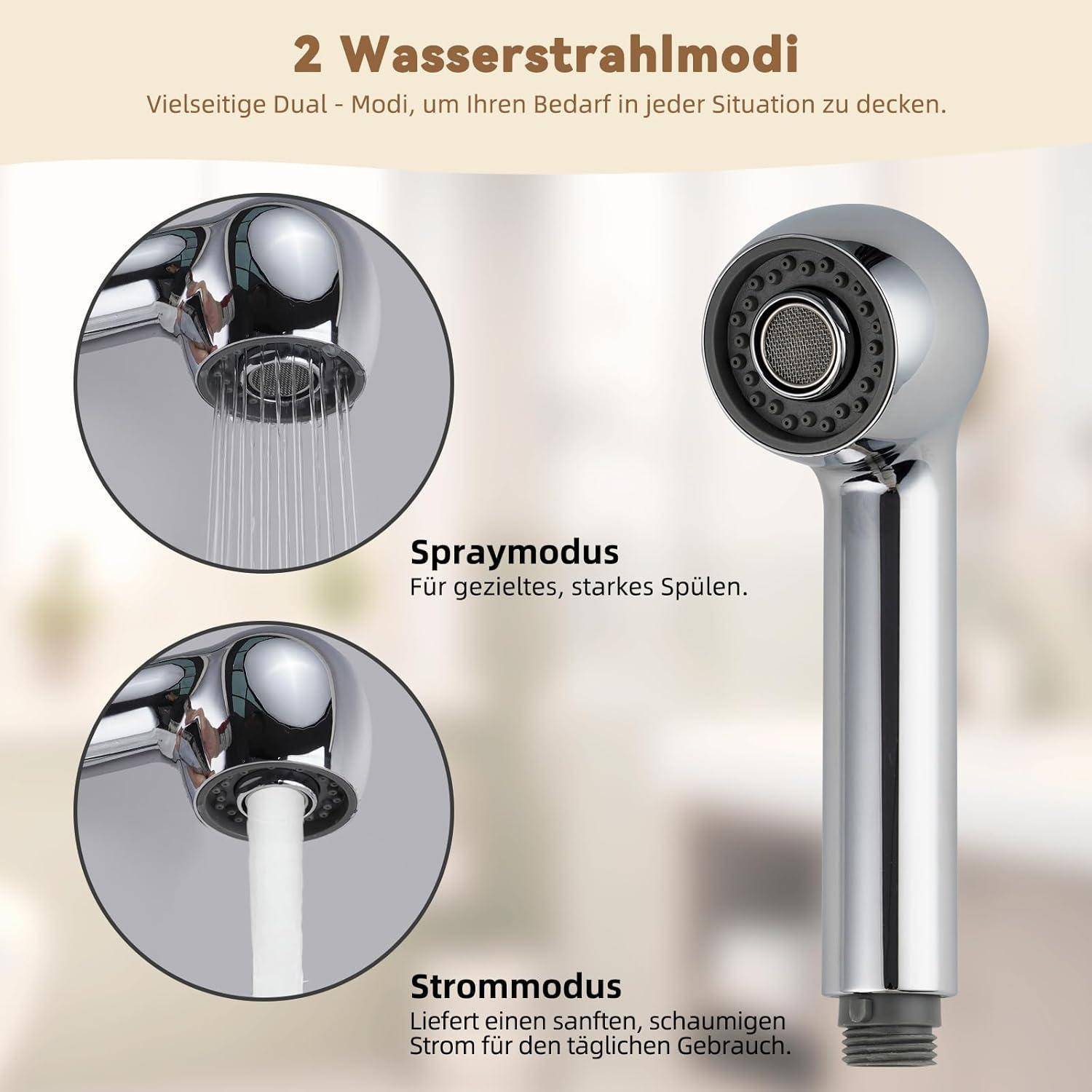 Infografik eines Küchenarmaturensprühers mit zwei Wassermodi: „Spraymodus