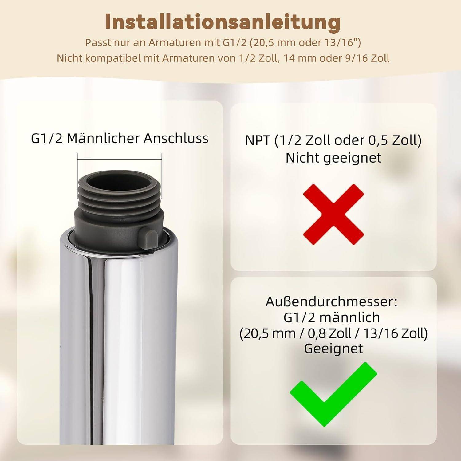 Installationsanleitung: G1/2 Stecker passt; NPT 1/2 Zoll ist nicht geeignet, gekennzeichnet mit rotem X, während G1/2 Außendurchmesser mit grünem Häkchen genehmigt ist.