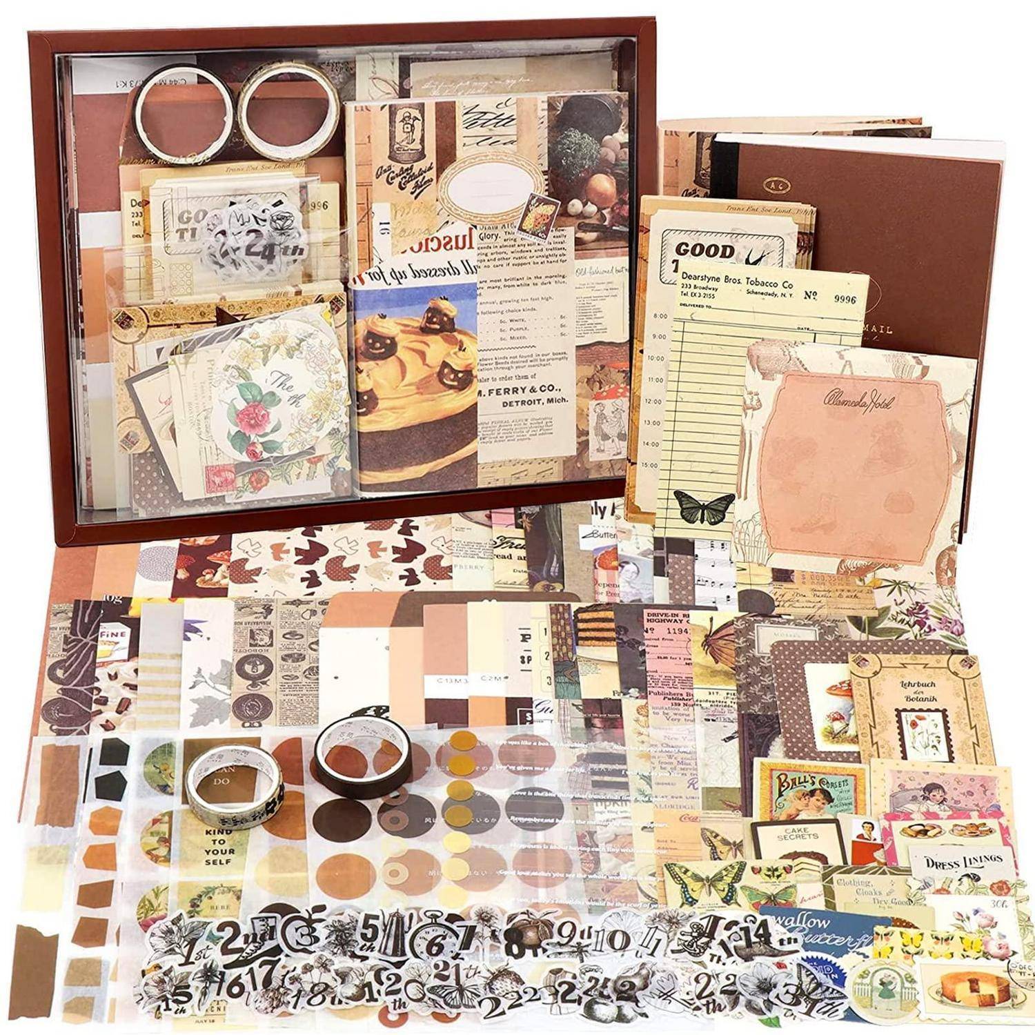 Scrapbooking-Bastelset mit gemusterten Papieren, Etiketten, Aufklebern, runden Verzierungen und einem Schattenkastenrahmen zum Erstellen dekorativer Scrapbooking-Layouts und Karten.